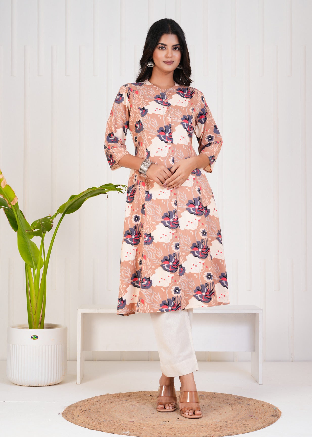 Beige With Floral Print Cotton Kurti