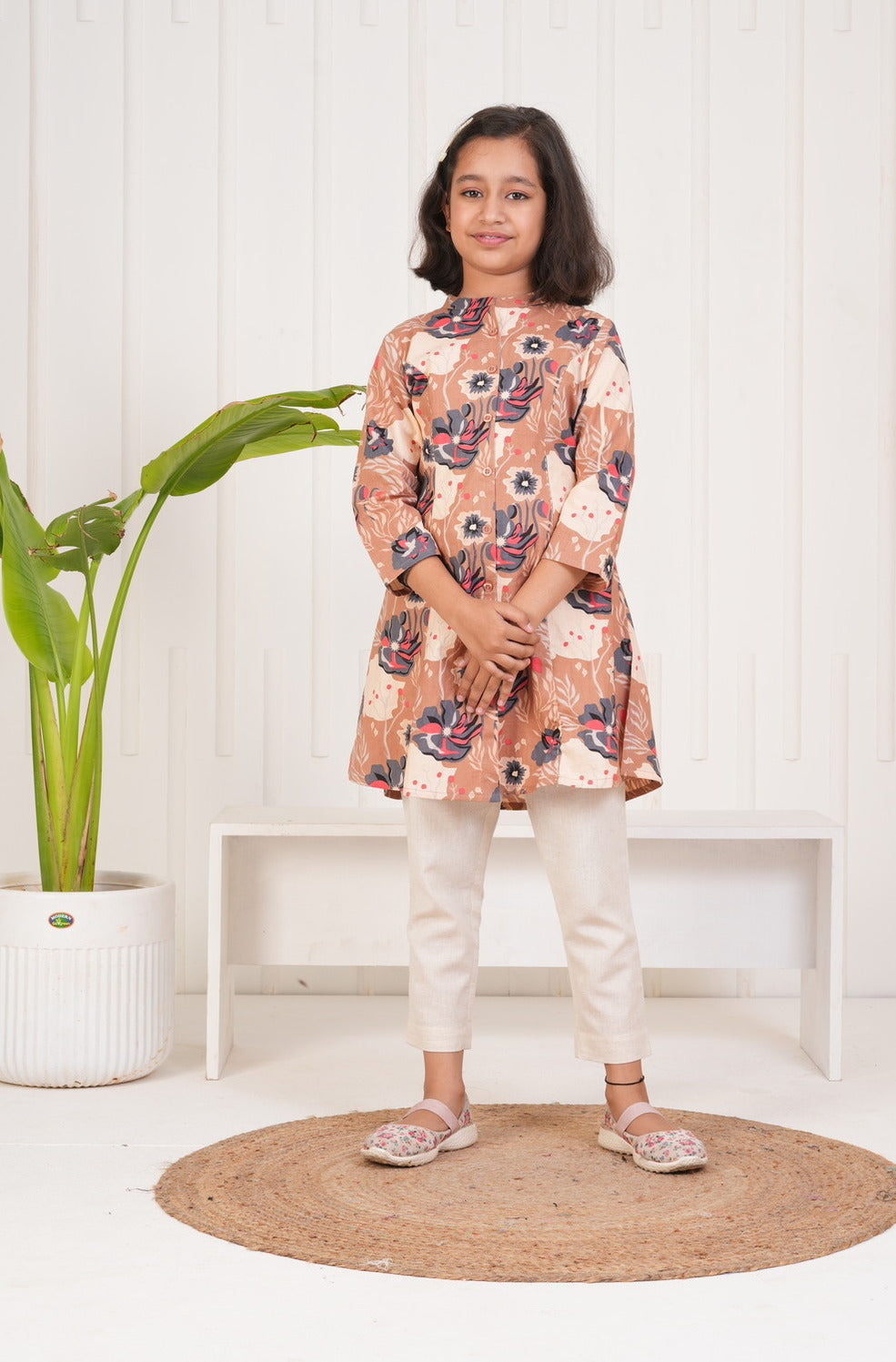 Beige With Floral Print Cotton Kurti