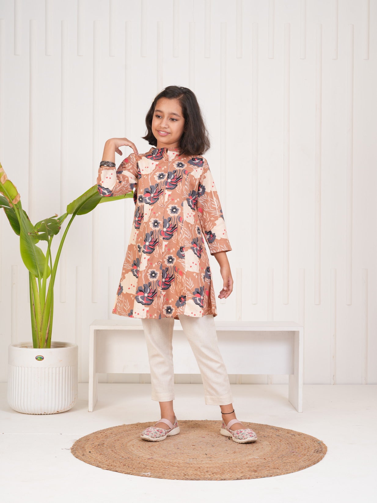 Beige With Floral Print Cotton Kurti