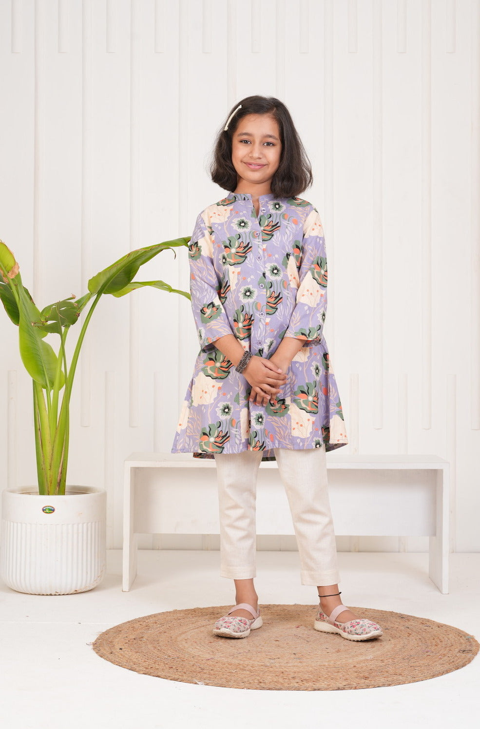 Purple With Floral Print Cotton Kurti