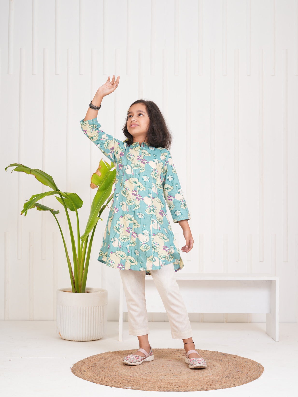 Ocean Green With Floral Print Cotton Kurti