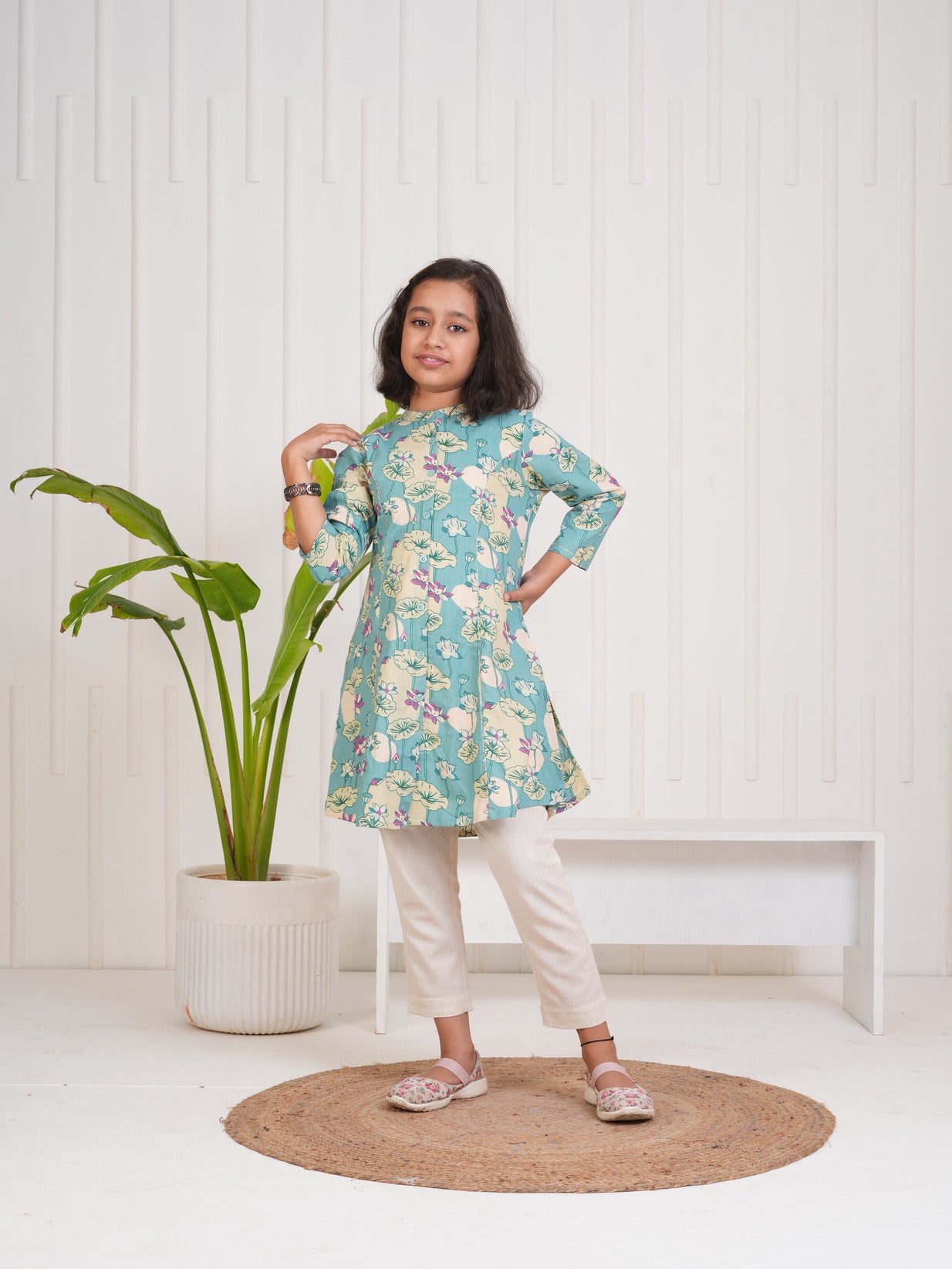 Ocean Green With Floral Print Cotton Kurti