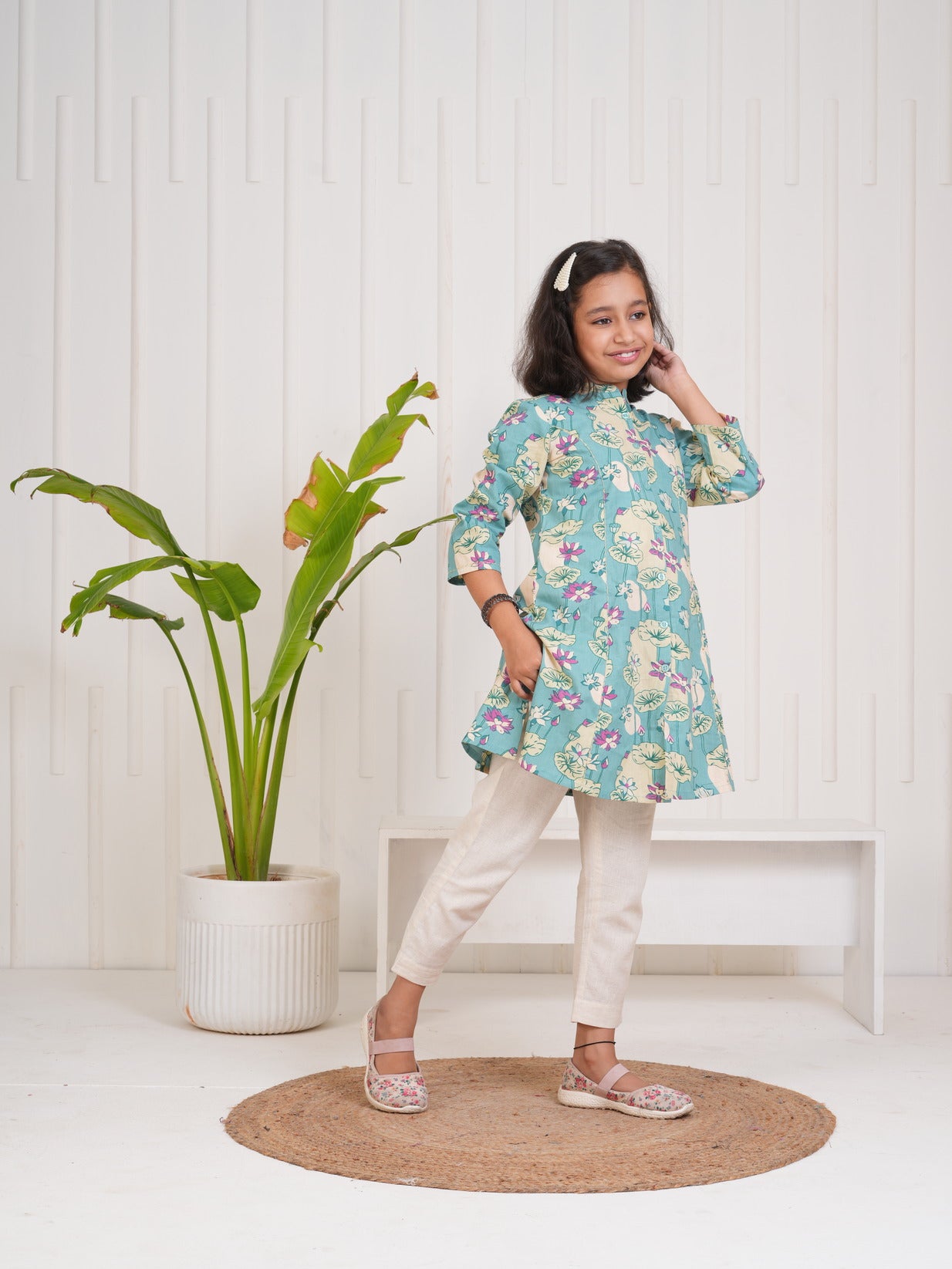 Ocean Green With Floral Print Cotton Kurti