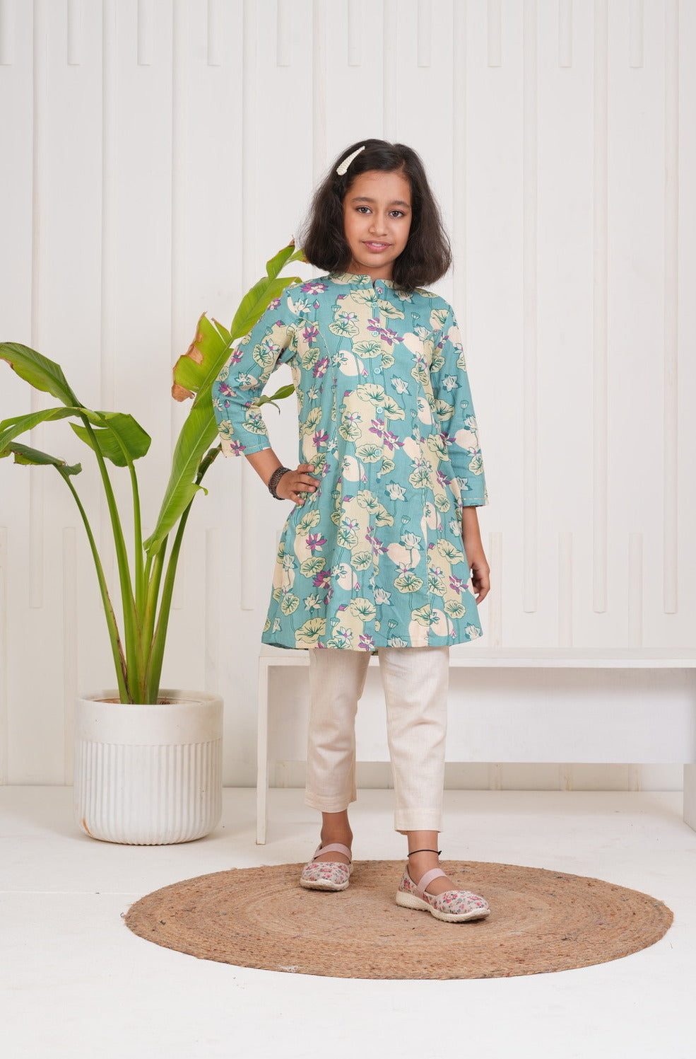 Ocean Green With Floral Print Cotton Kurti