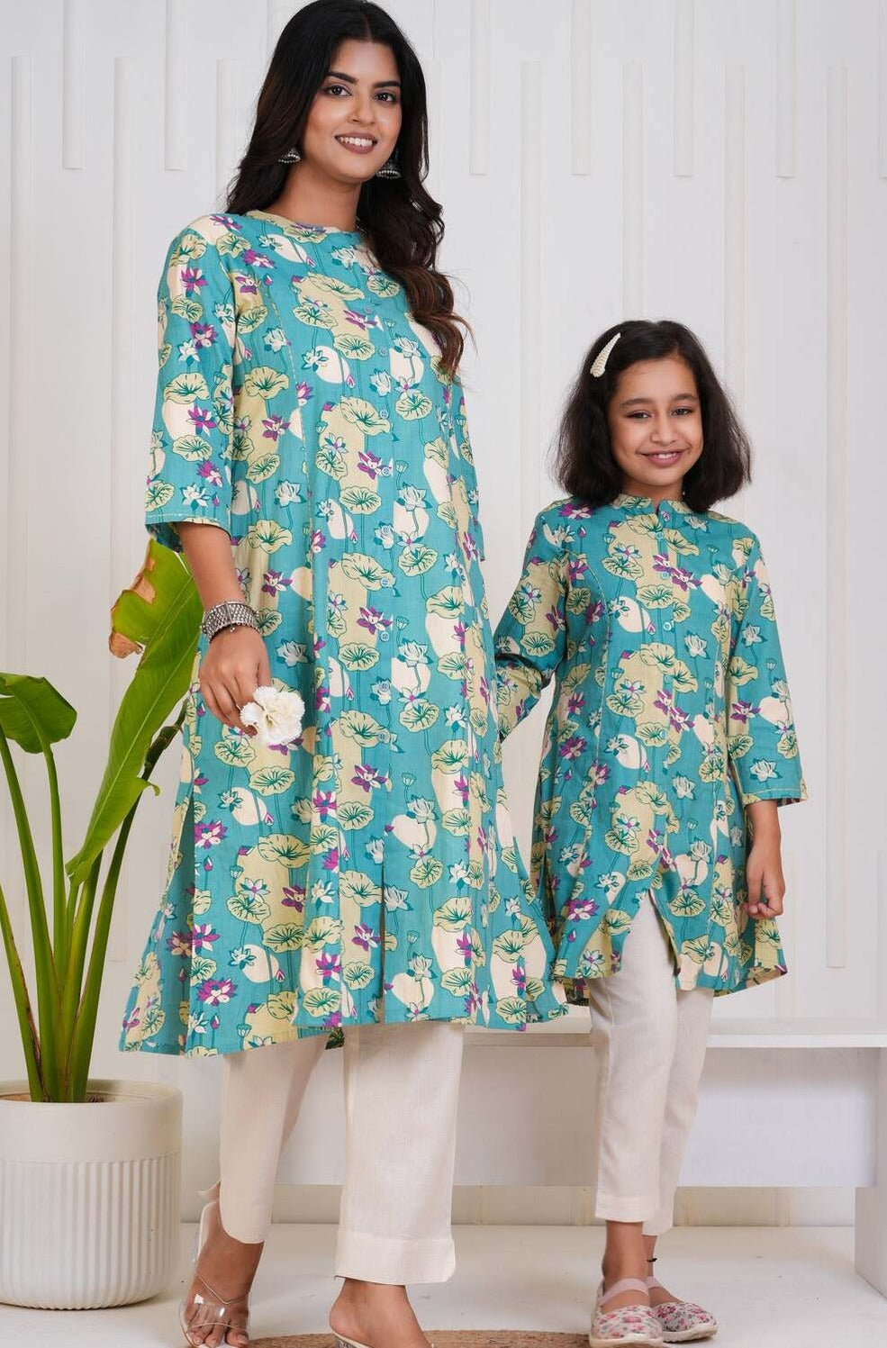 Ocean Green With Floral Print Cotton Kurti