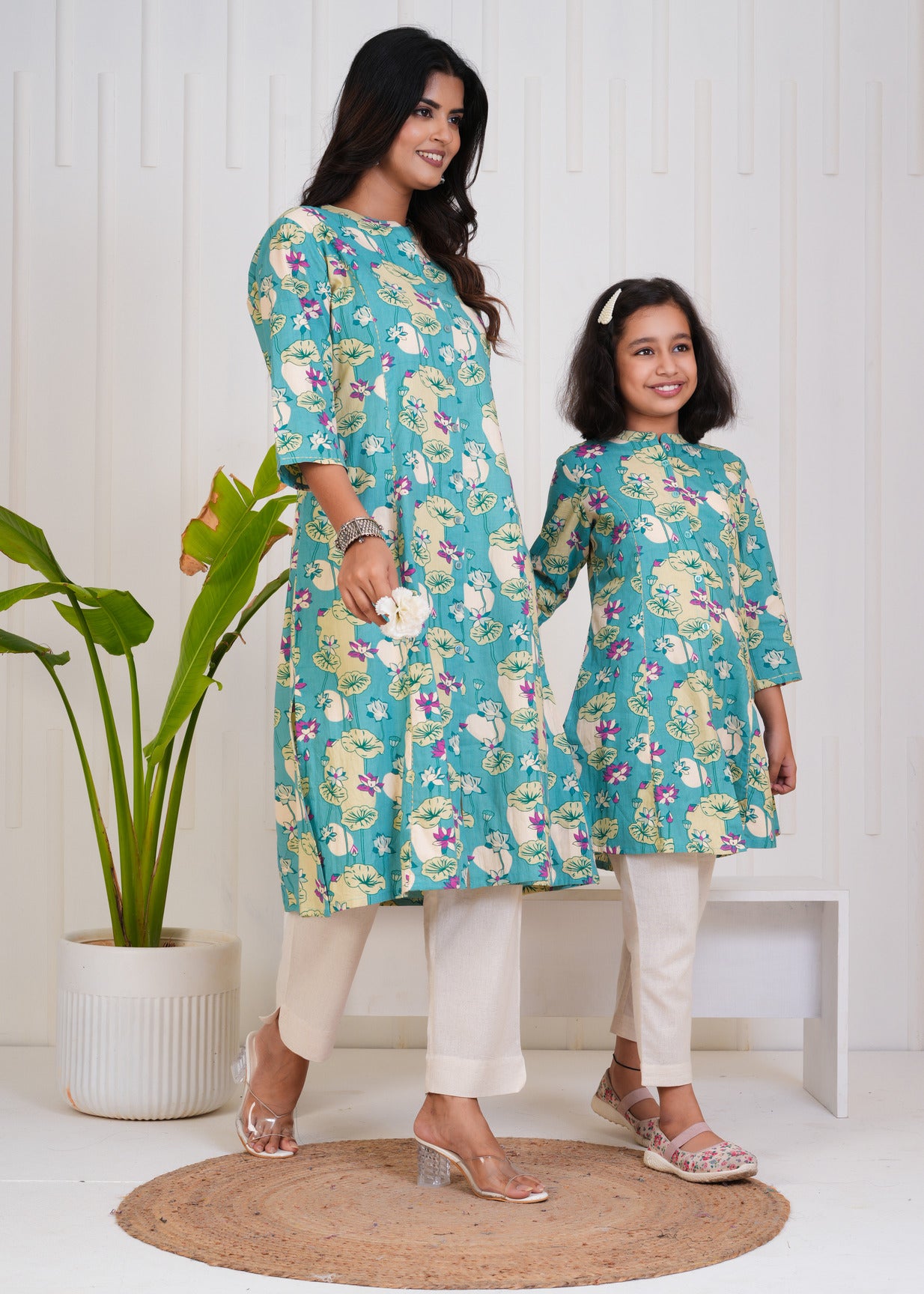 Ocean Green With Floral Print Cotton Kurti