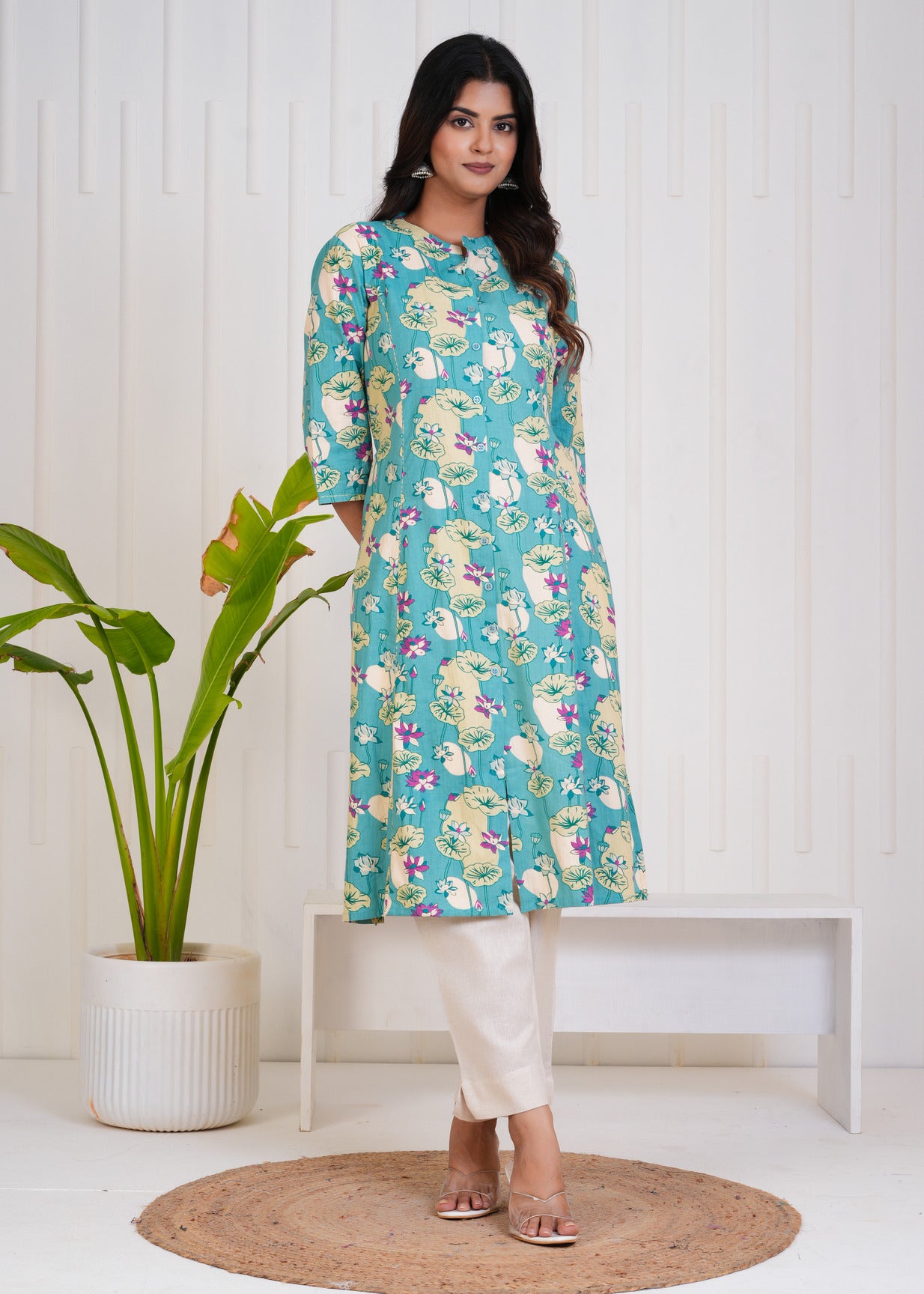 Ocean Green With Floral Print Cotton Kurti