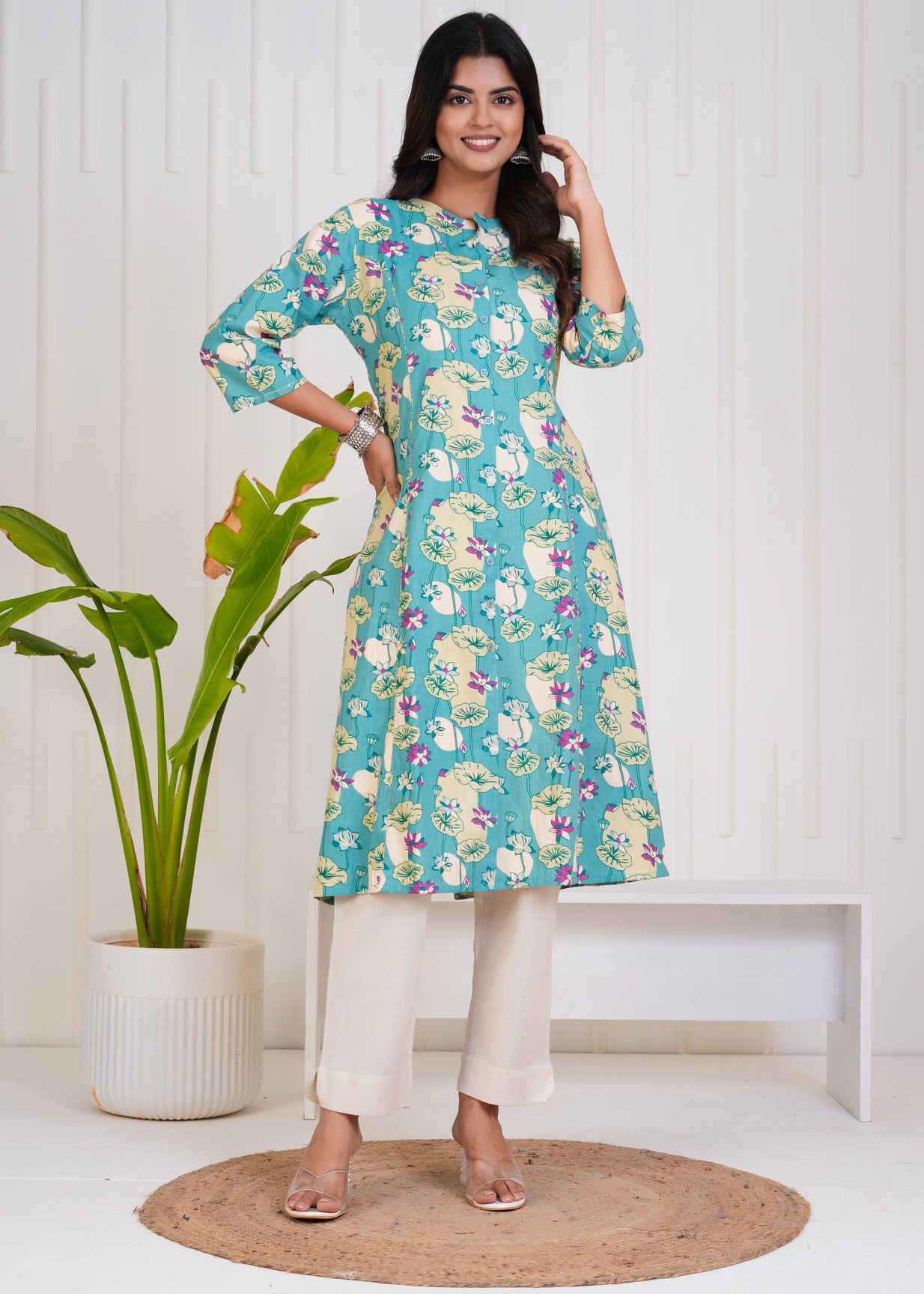 Ocean Green With Floral Print Cotton Kurti