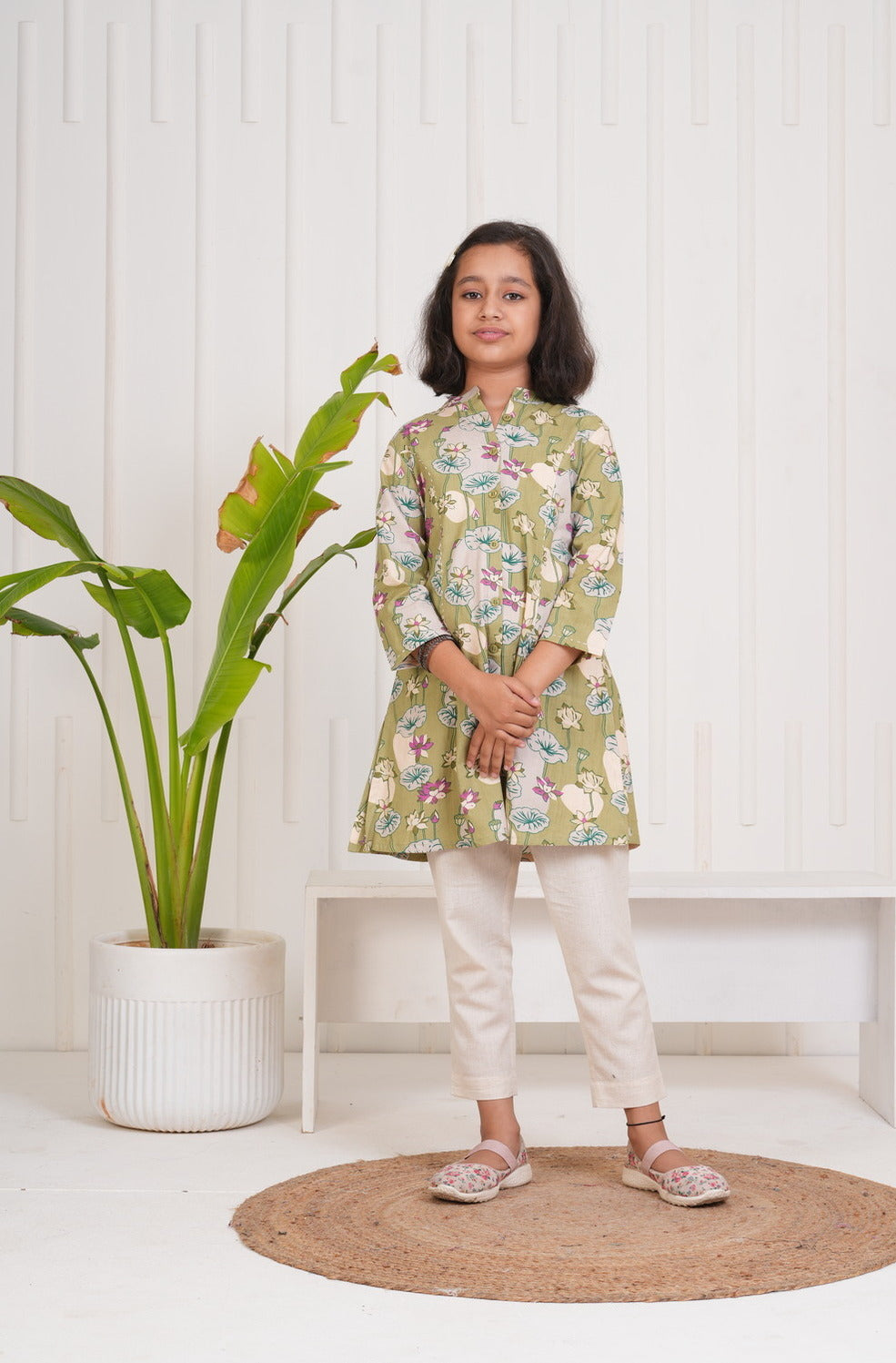 Green With Floral Print Cotton Kurti