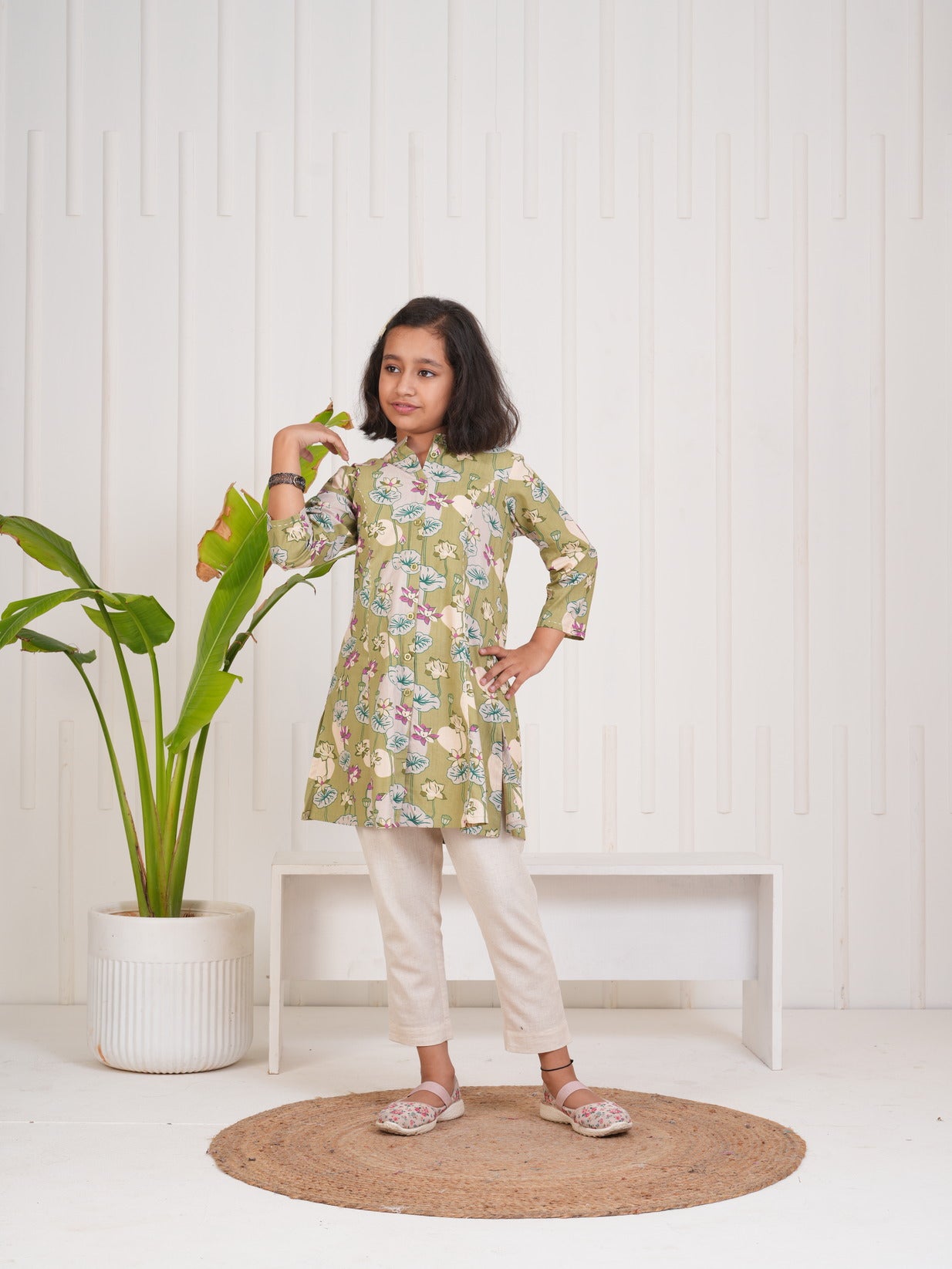 Green With Floral Print Cotton Kurti