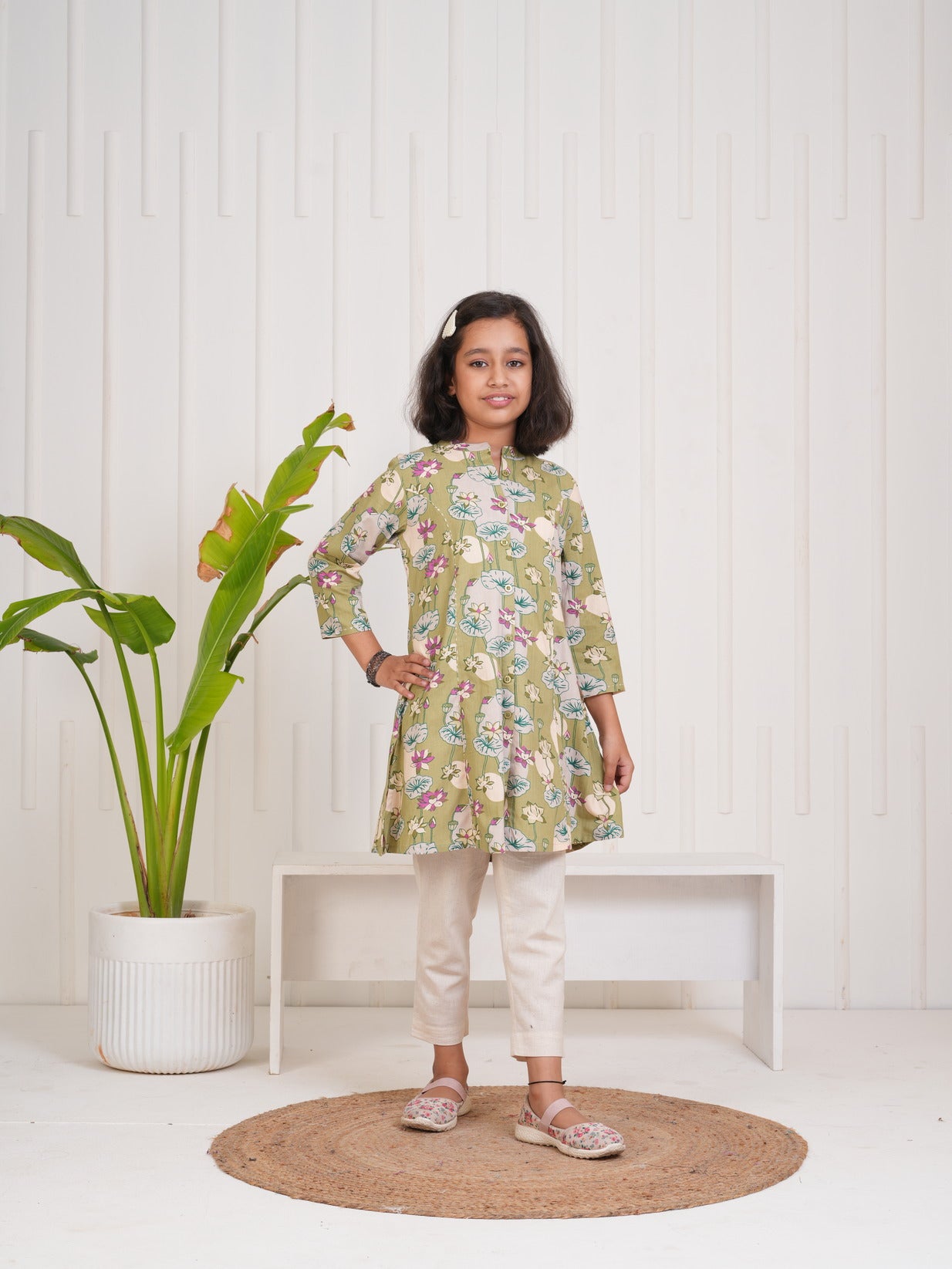 Green With Floral Print Cotton Kurti