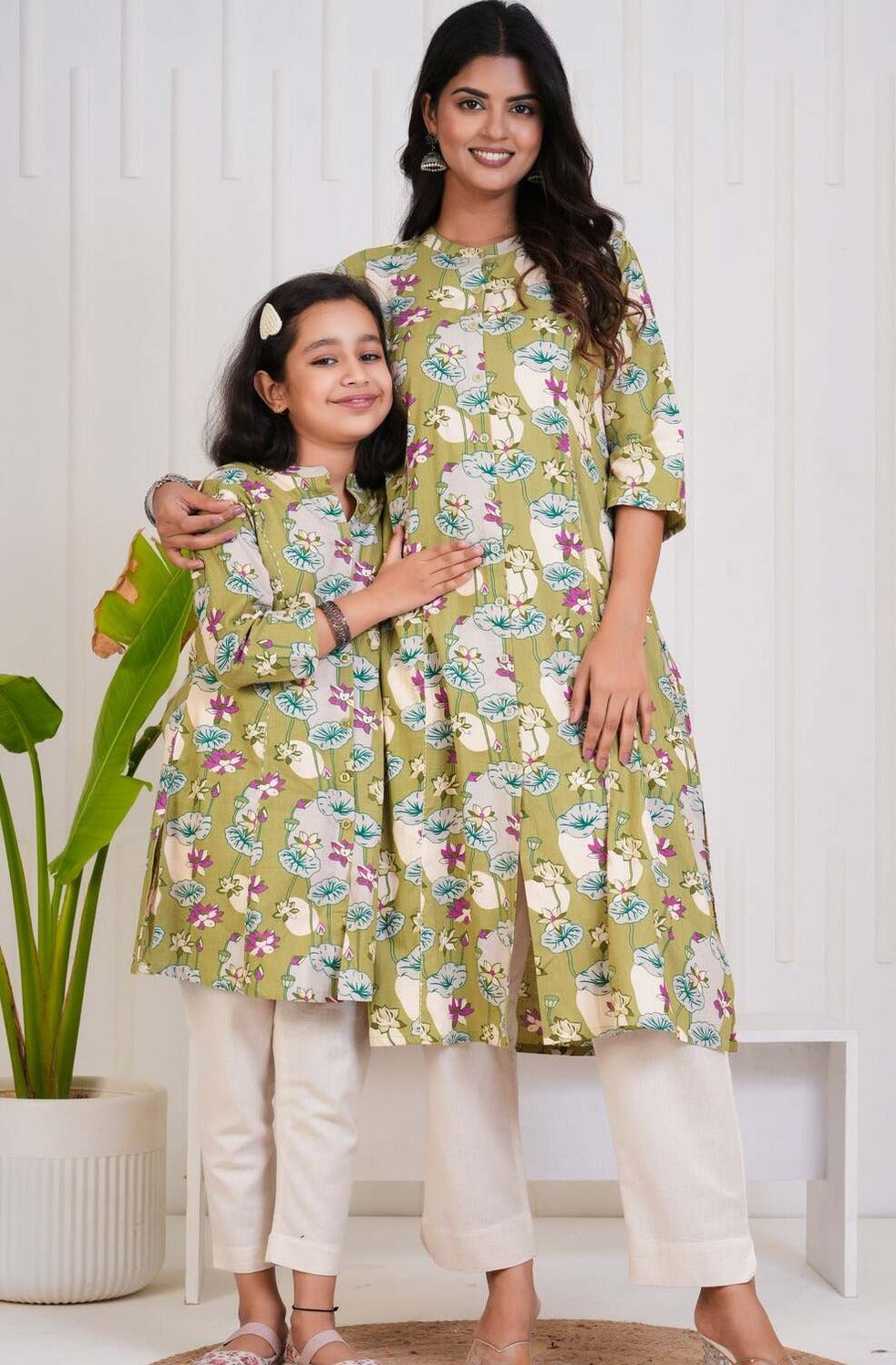 Green With Floral Print Cotton Kurti