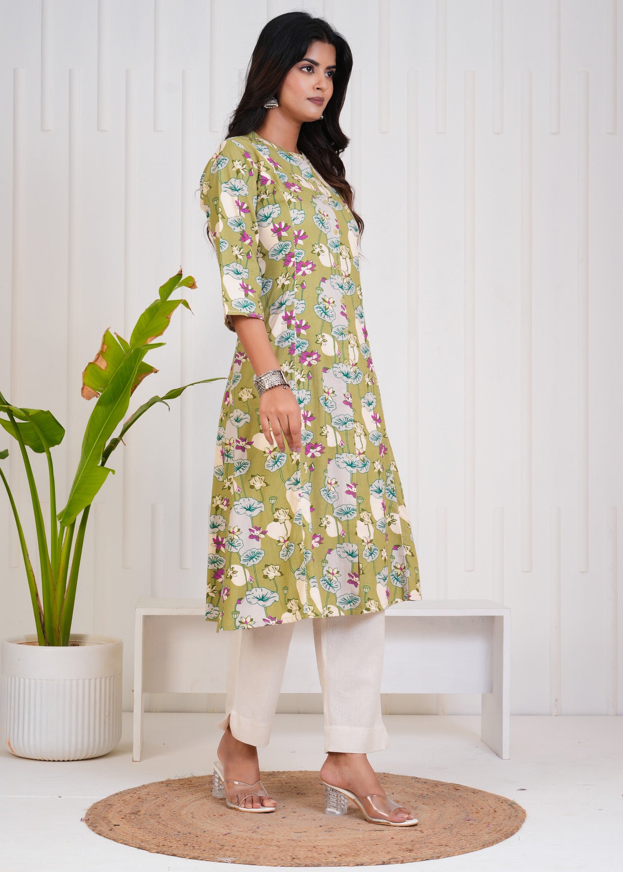 Green With Floral Print Cotton Kurti