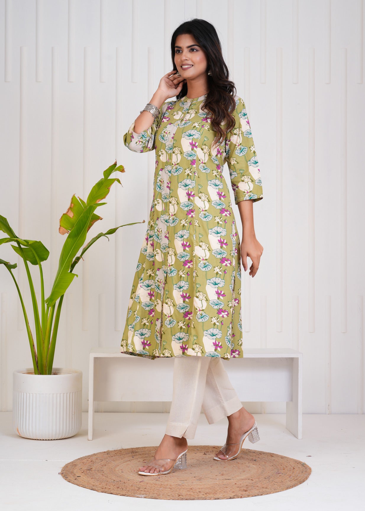 Green With Floral Print Cotton Kurti