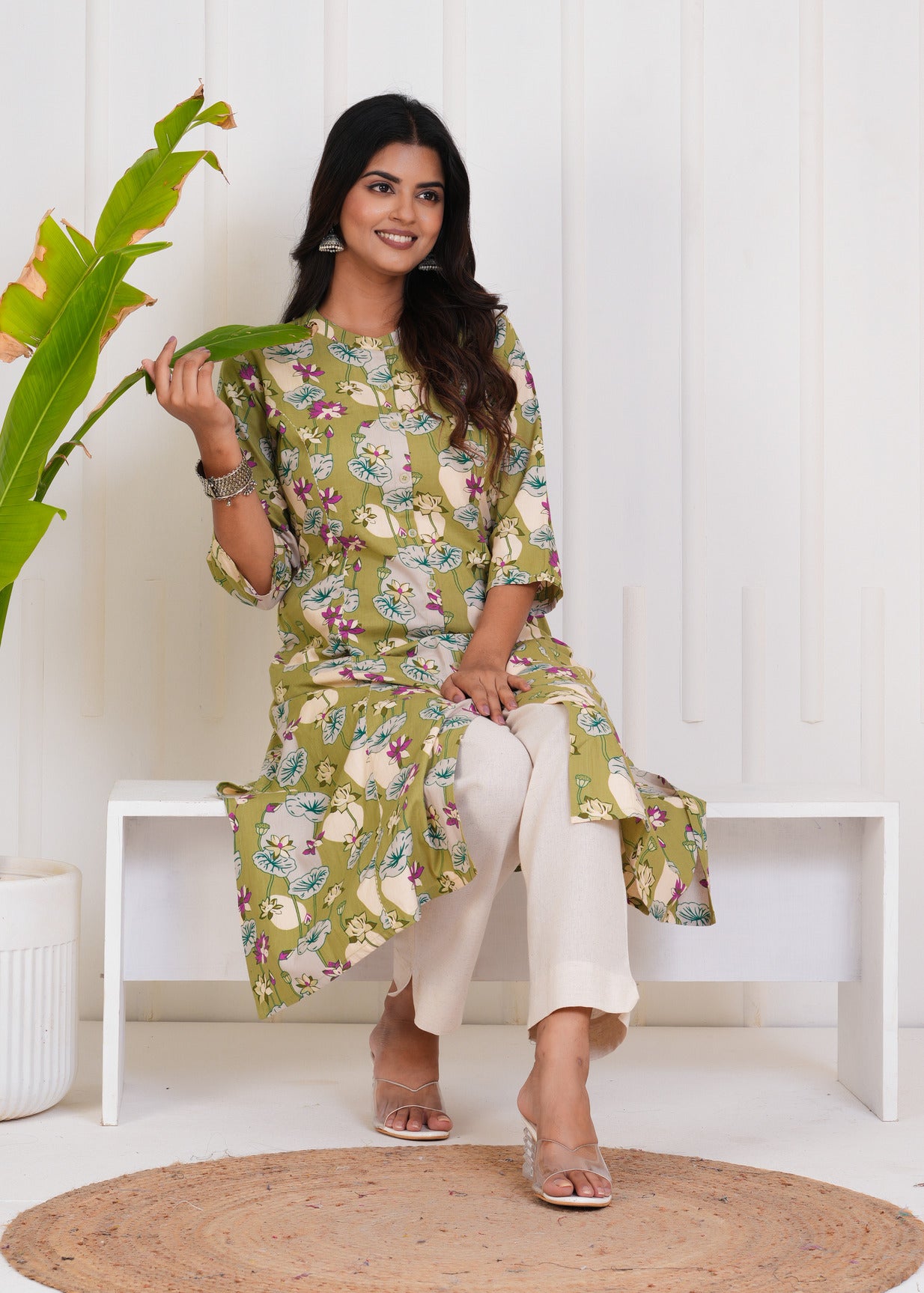 Green With Floral Print Cotton Kurti