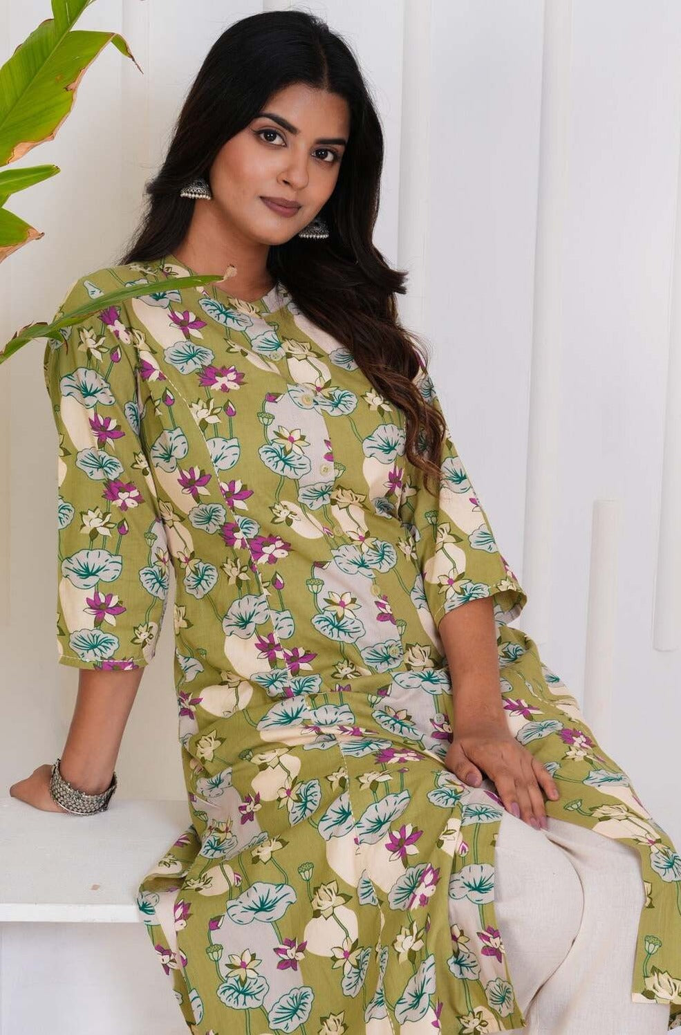 Green With Floral Print Cotton Kurti