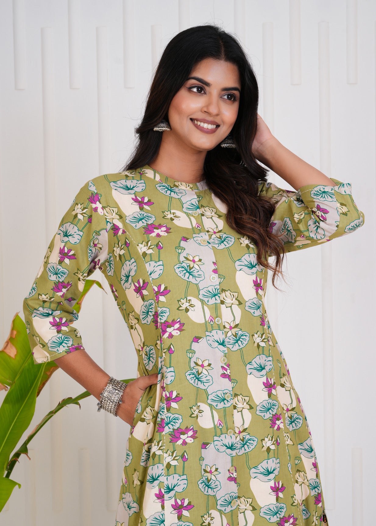 Green With Floral Print Cotton Kurti