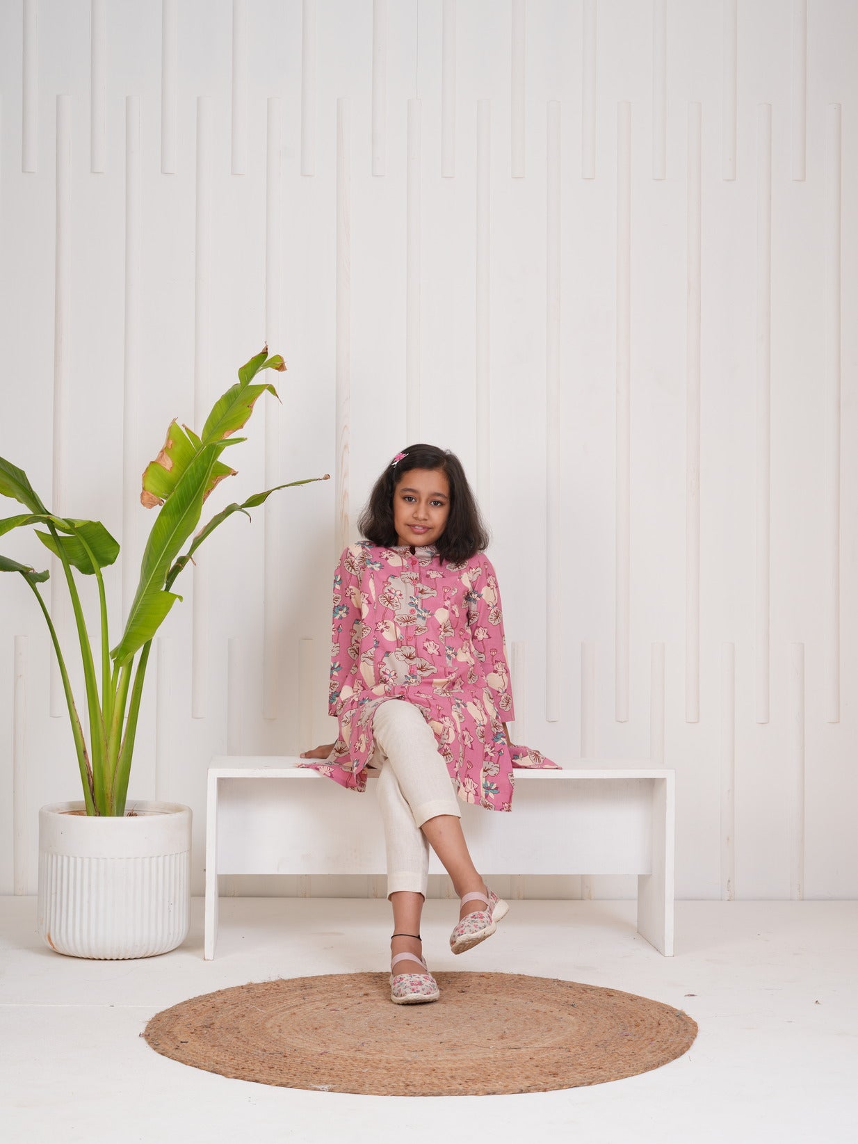 Pink With Floral Print Cotton Kurti