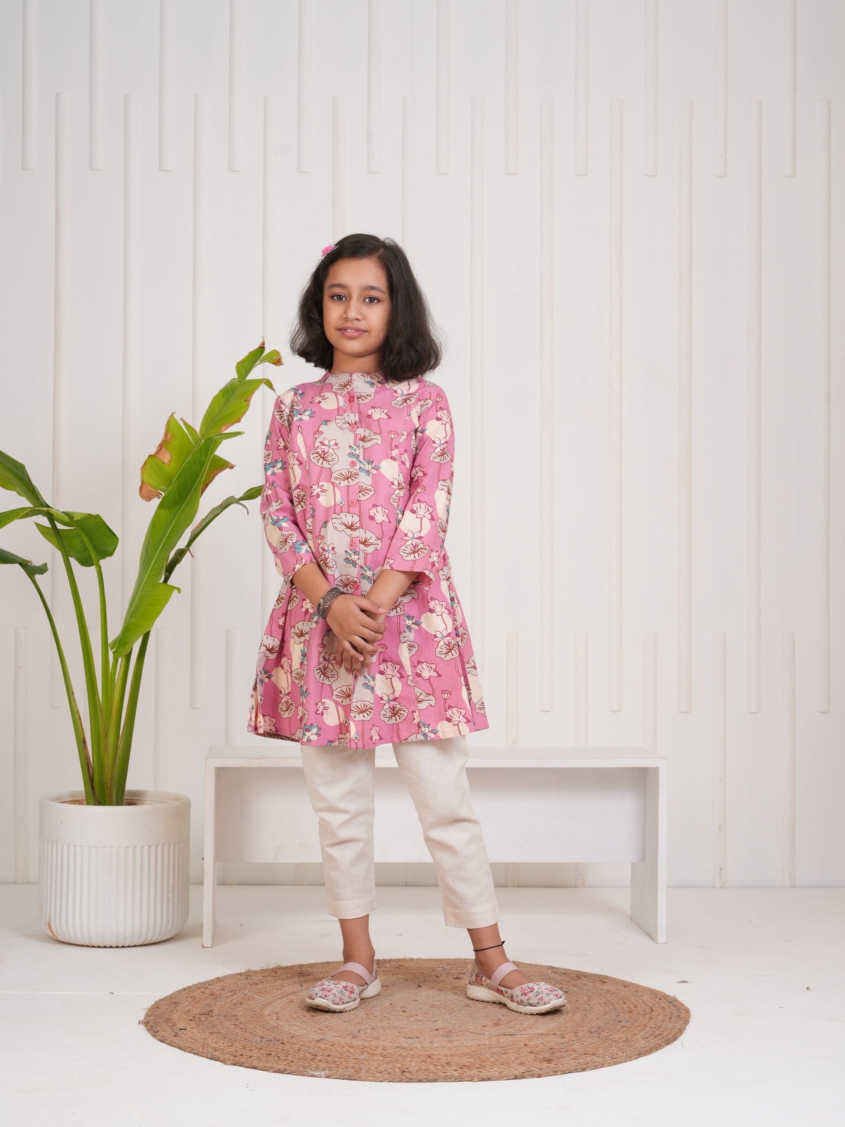 Pink With Floral Print Cotton Kurti