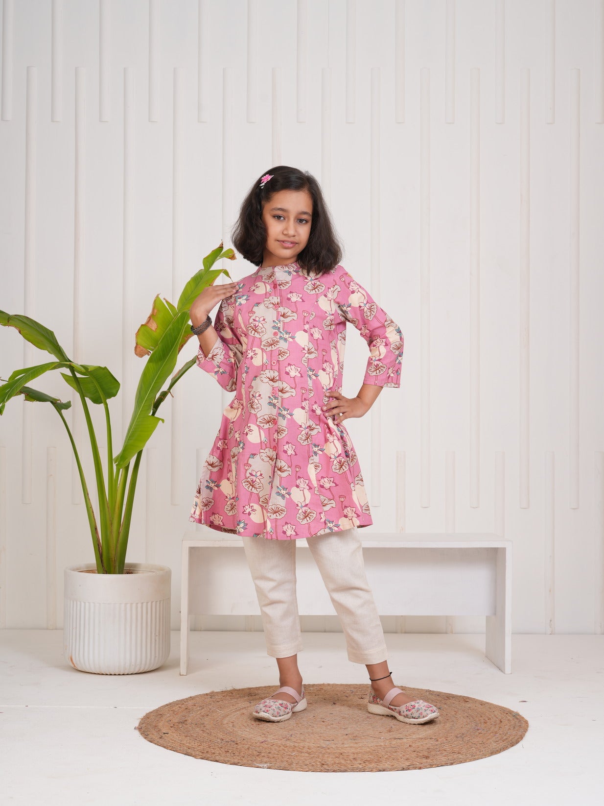 Pink With Floral Print Cotton Kurti