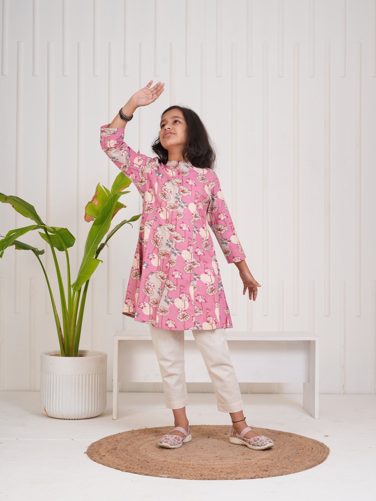 Pink With Floral Print Cotton Kurti