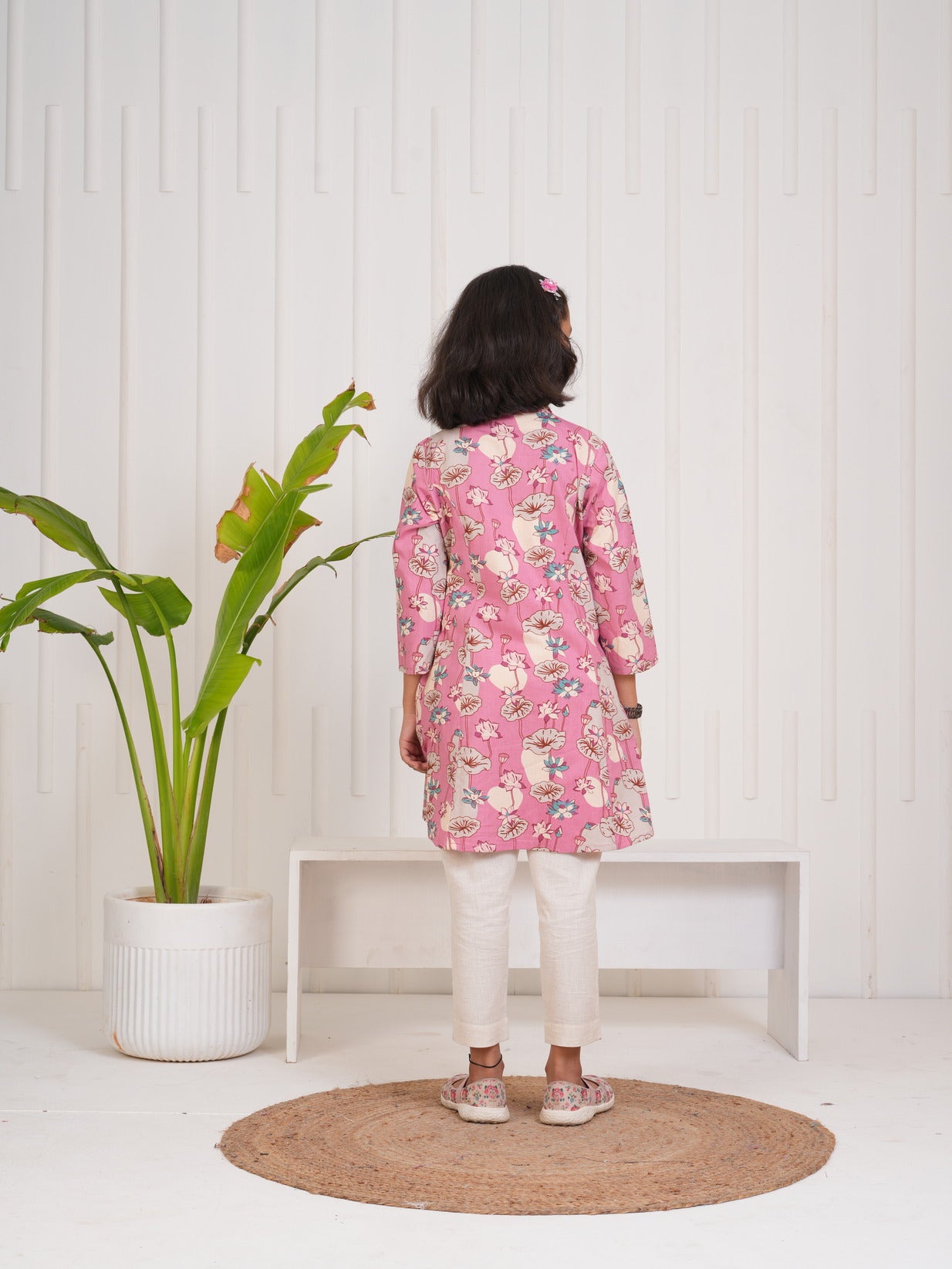 Pink With Floral Print Cotton Kurti