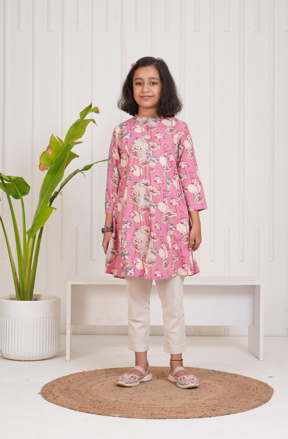 Pink With Floral Print Cotton Kurti