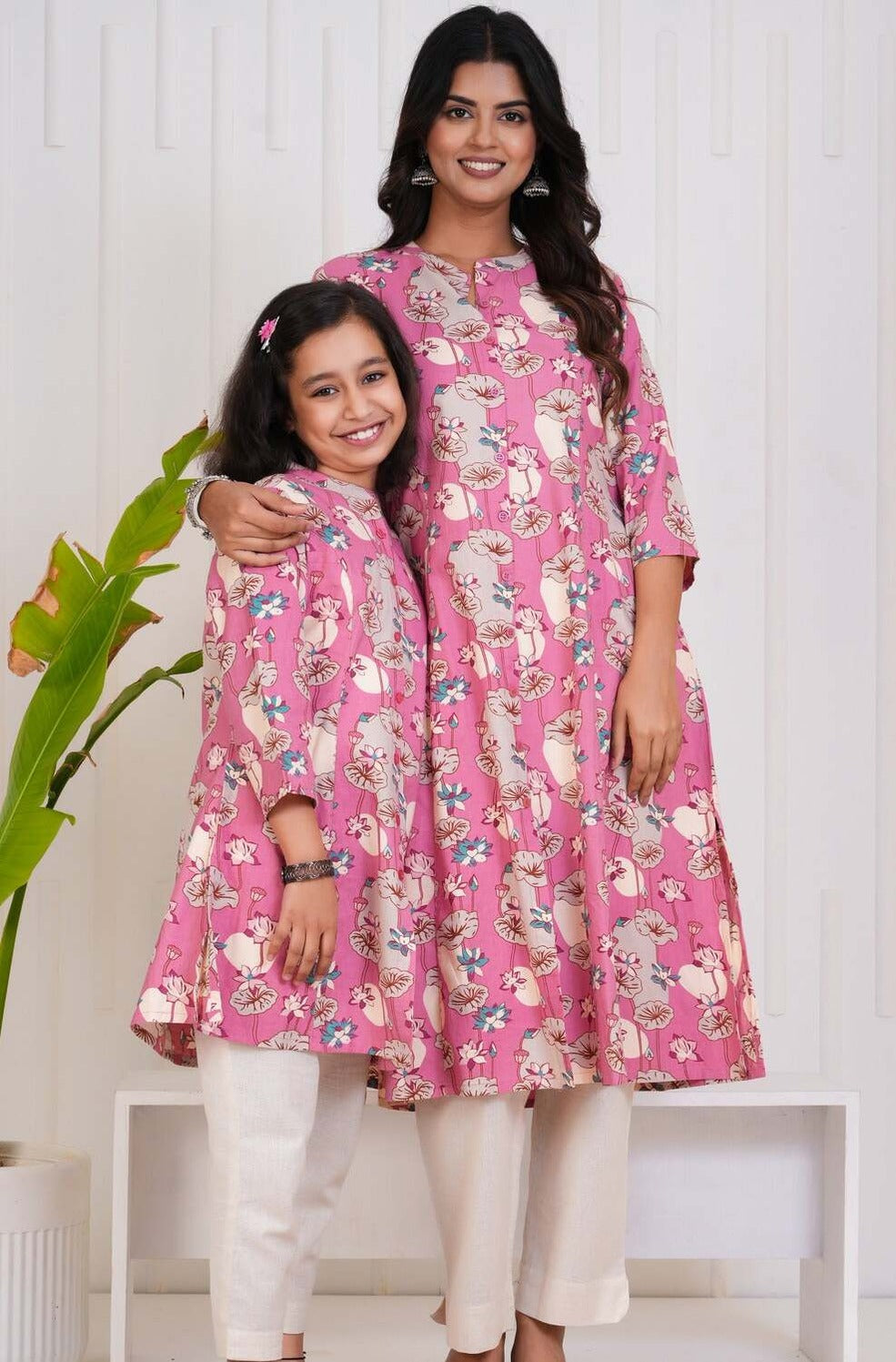 Pink With Floral Print Cotton Kurti