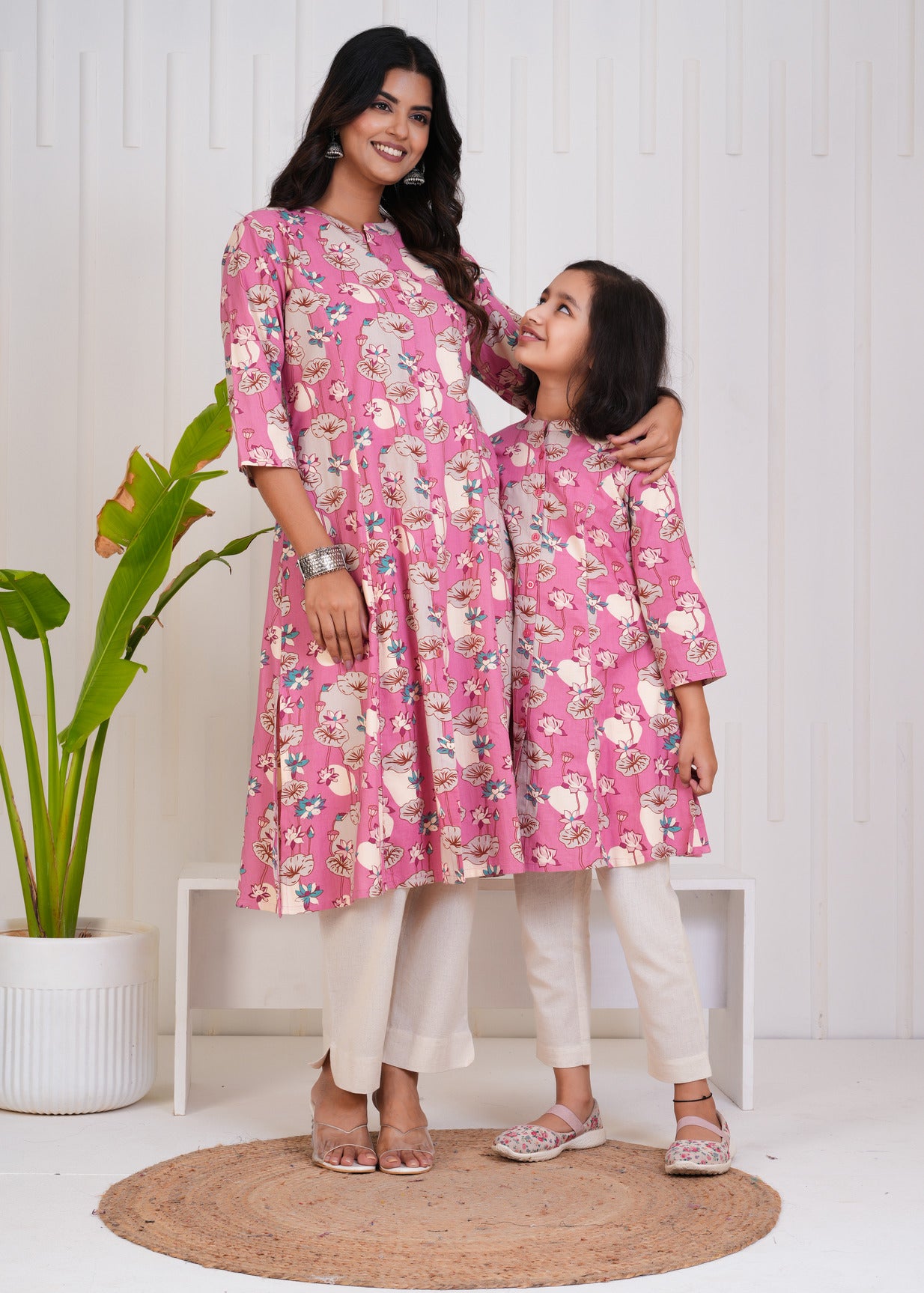 Pink With Floral Print Cotton Kurti