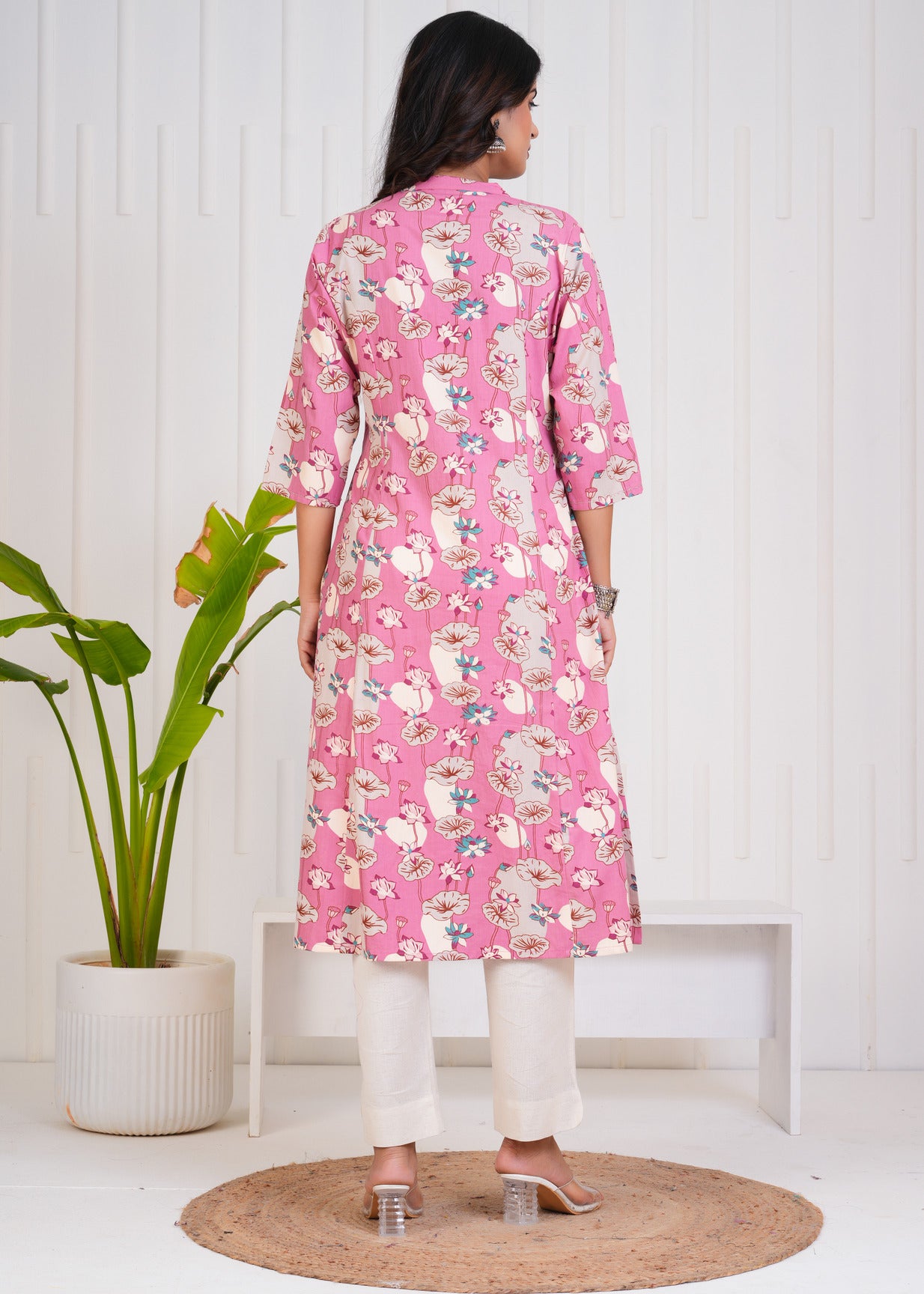 Pink With White Floral Print Cotton Kurti