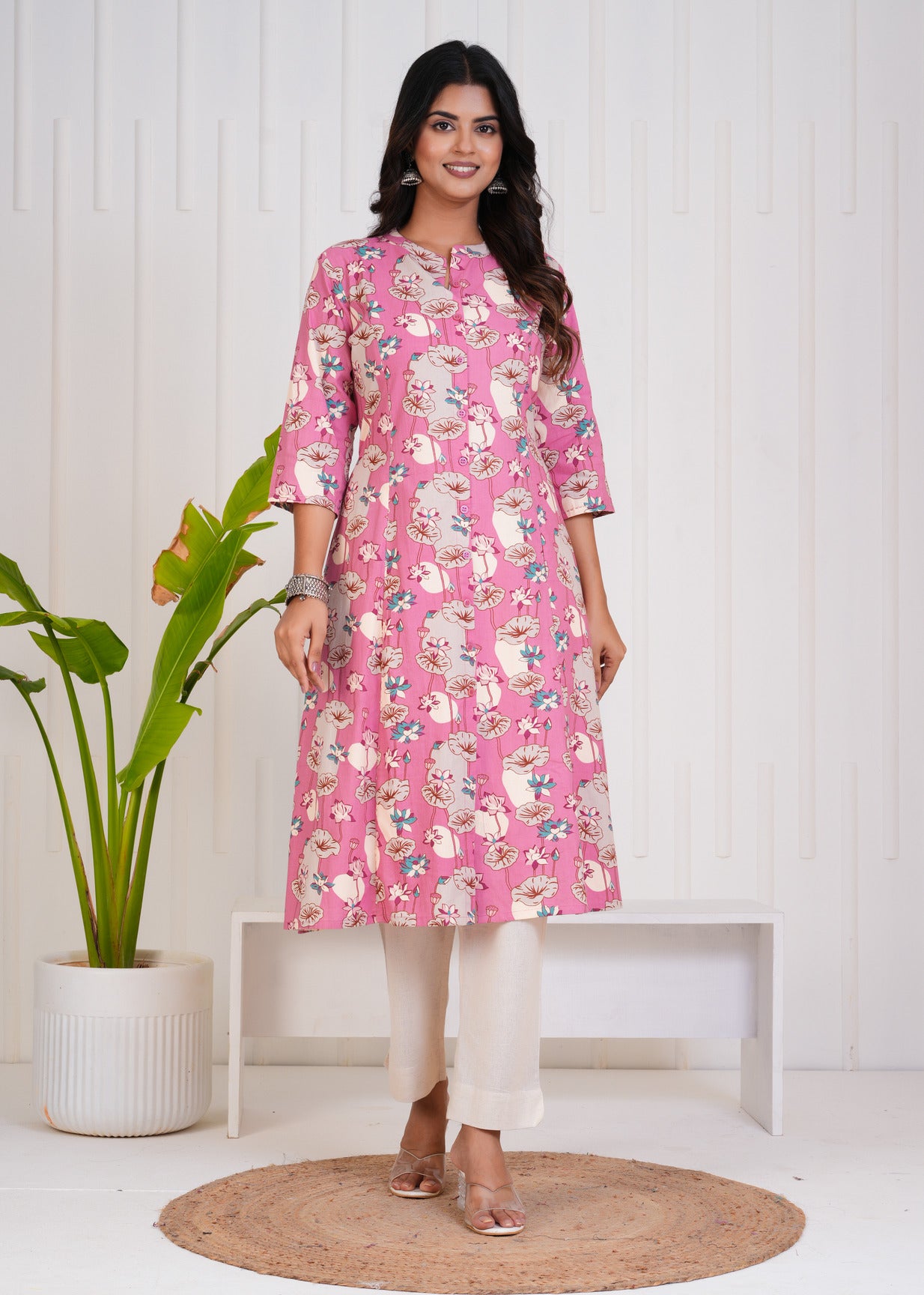 Pink With White Floral Print Cotton Kurti