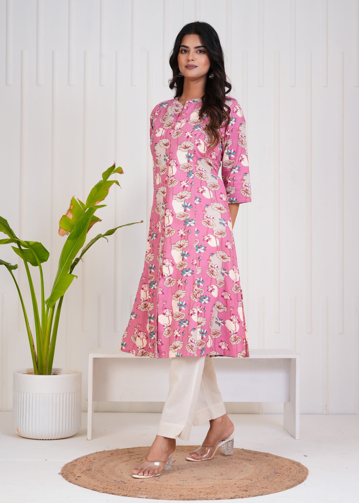 Pink With White Floral Print Cotton Kurti