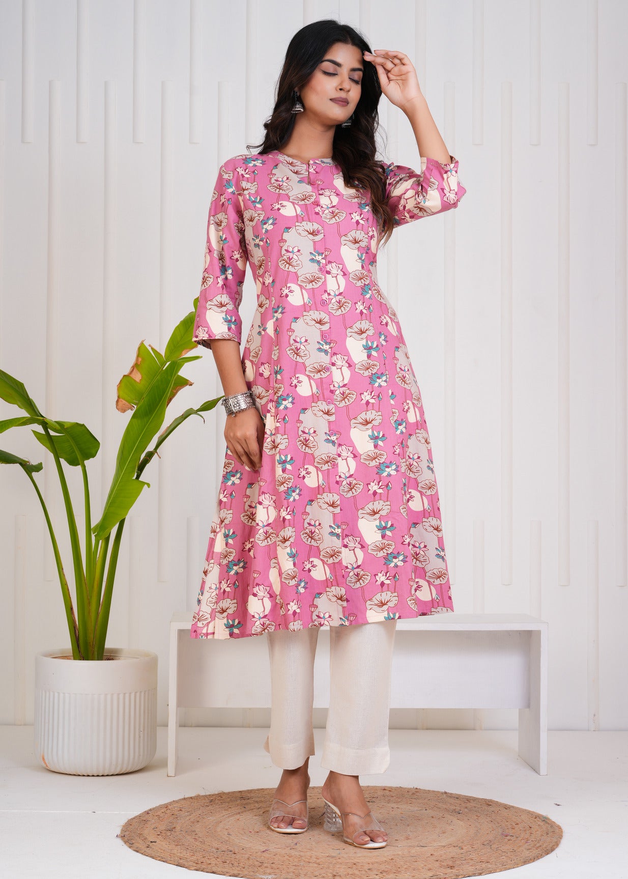 Pink With White Floral Print Cotton Kurti