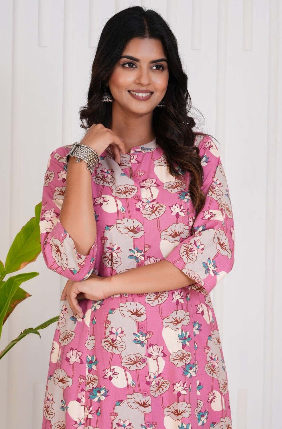 Pink With White Floral Print Cotton Kurti