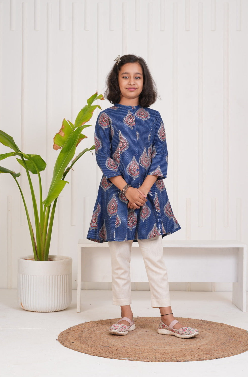 Navy Blue With Floral Print Cotton Kurti