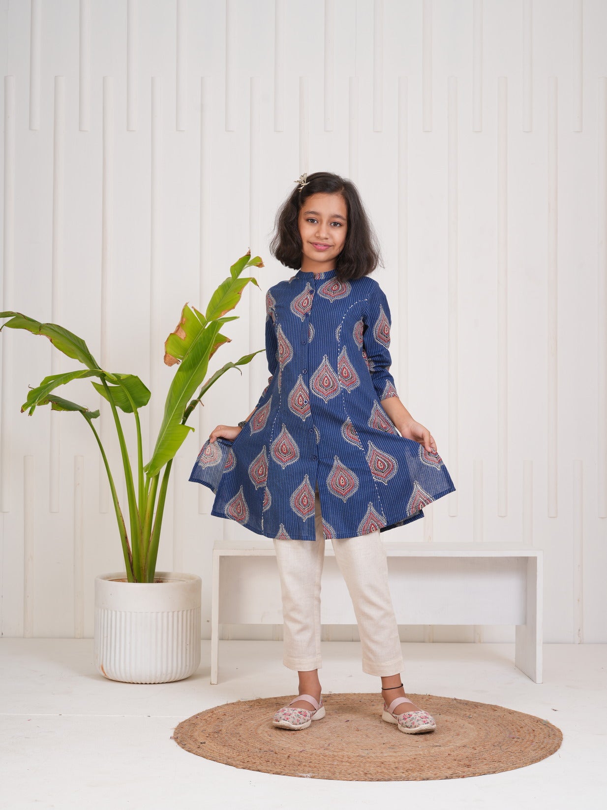 Navy Blue With Floral Print Cotton Kurti