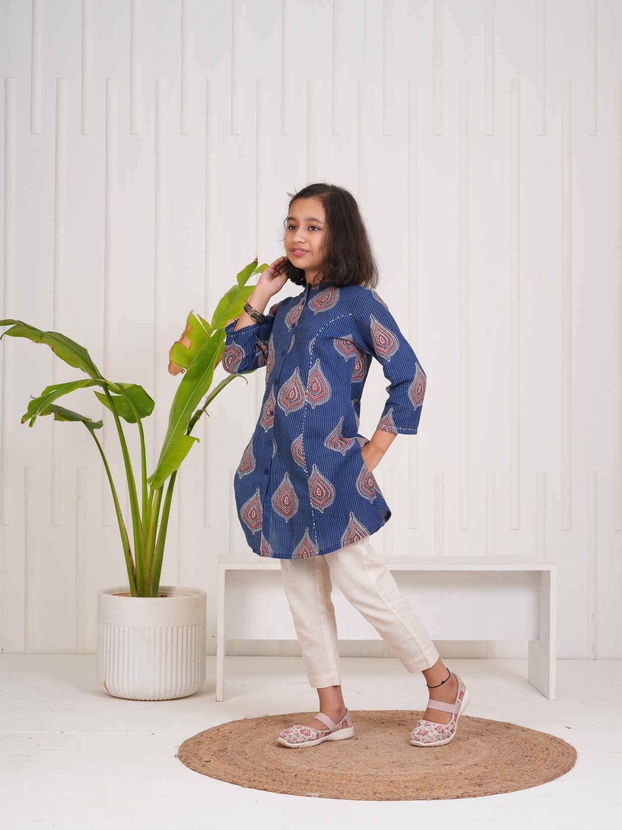 Navy Blue With Floral Print Cotton Kurti