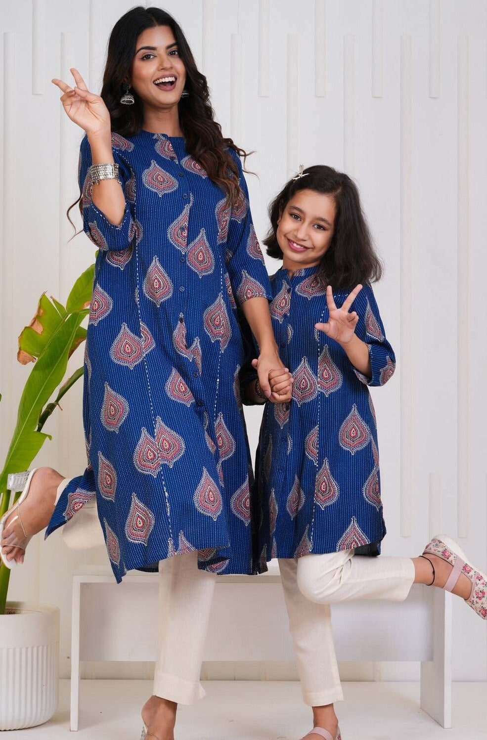 Navy Blue With Floral Print Cotton Kurti