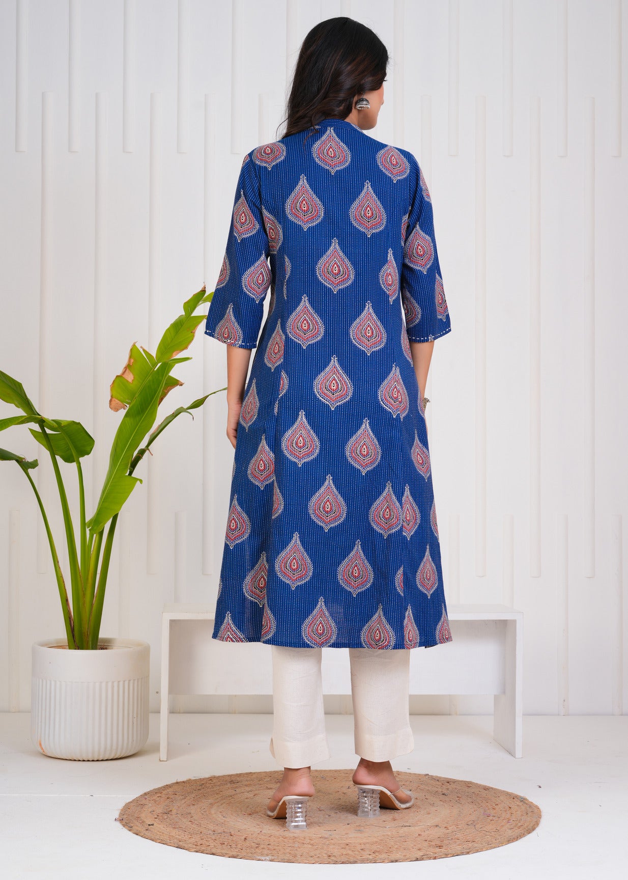 Blue With Floral Print Cotton Kurti