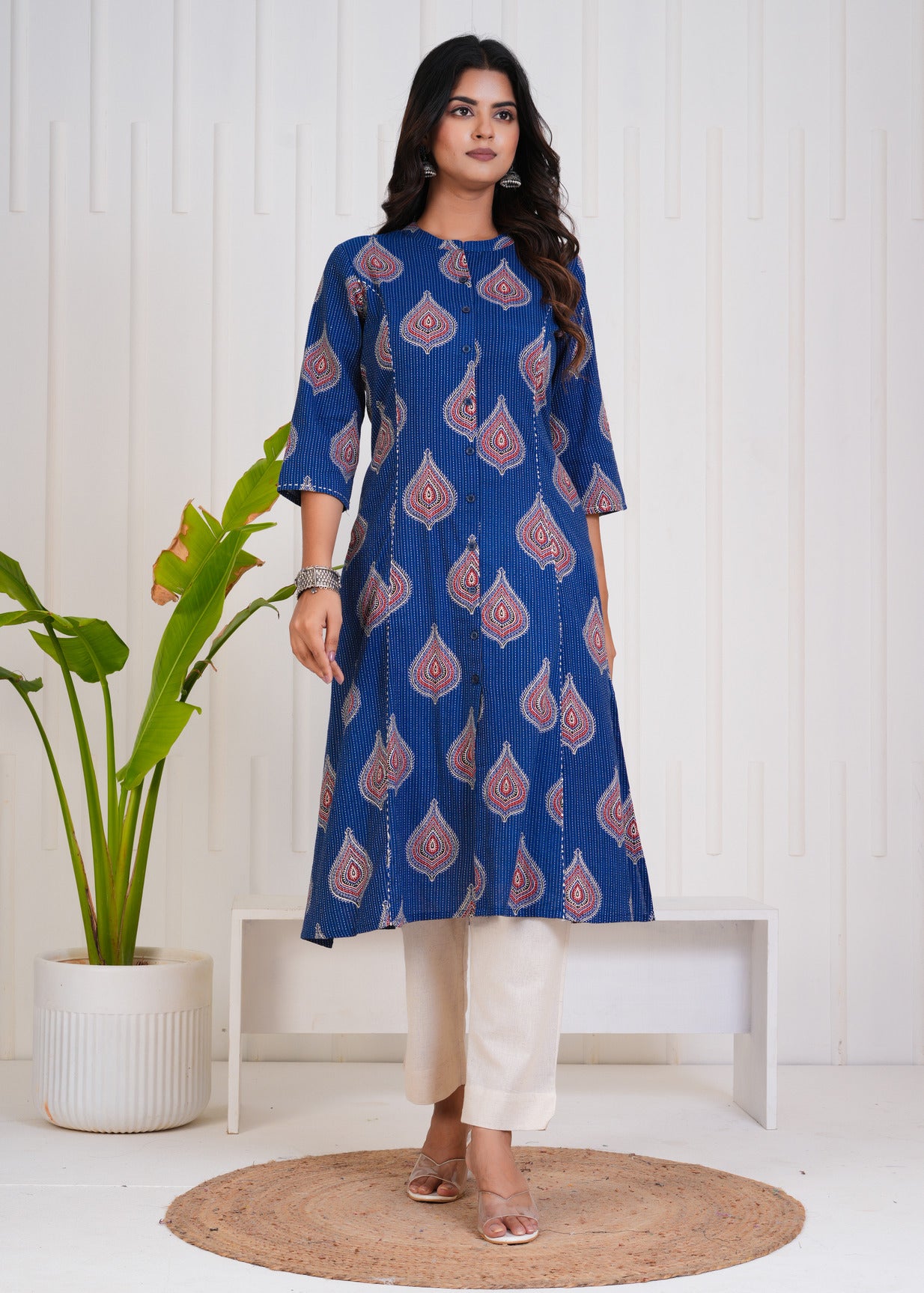 Blue With Floral Print Cotton Kurti