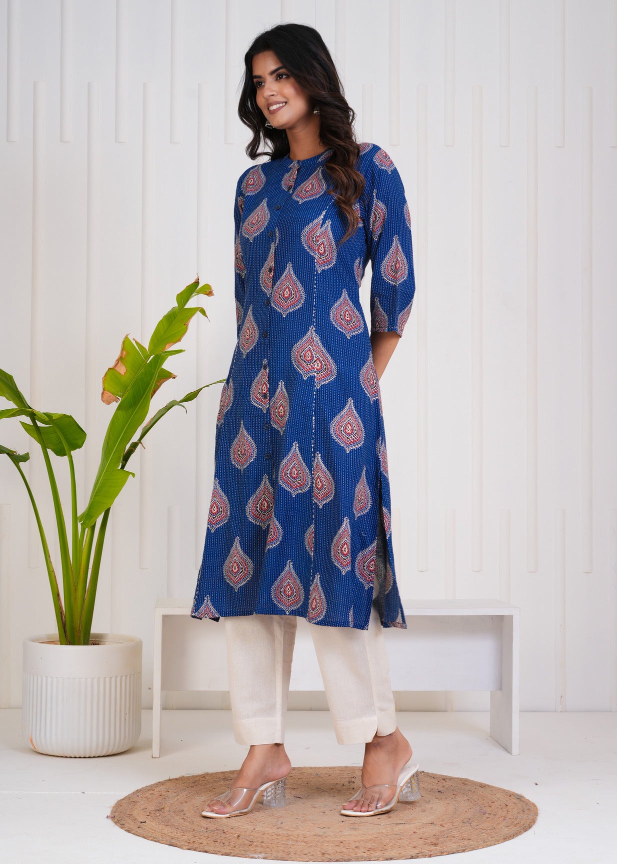 Blue With Floral Print Cotton Kurti