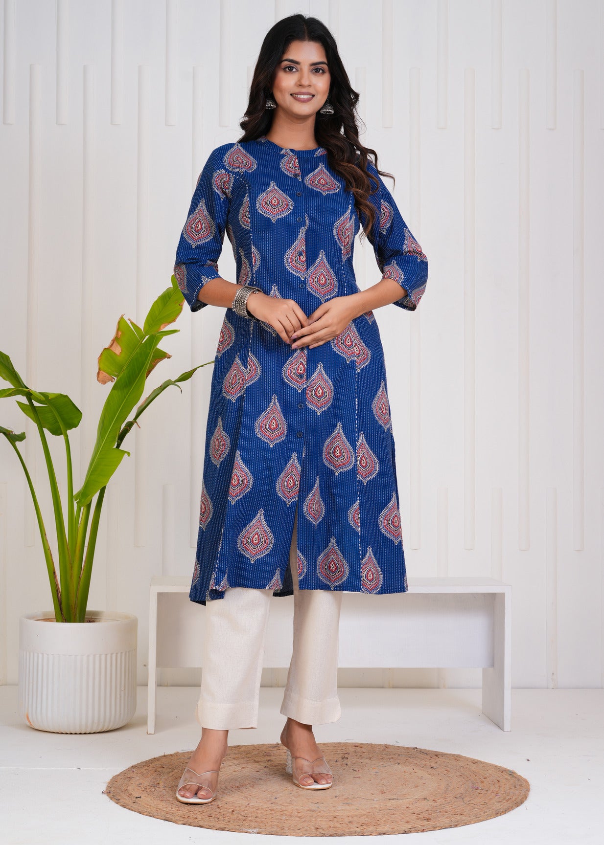 Blue With Floral Print Cotton Kurti