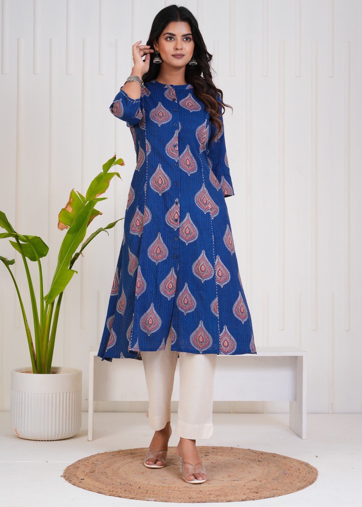 Blue With Floral Print Cotton Kurti