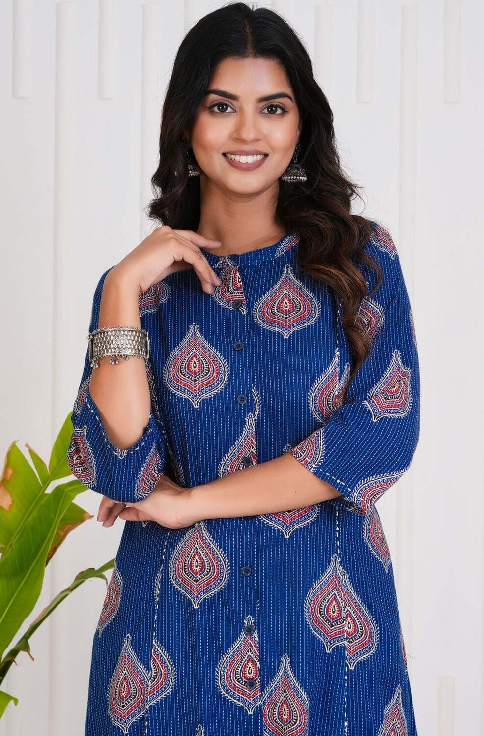 Blue With Floral Print Cotton Kurti