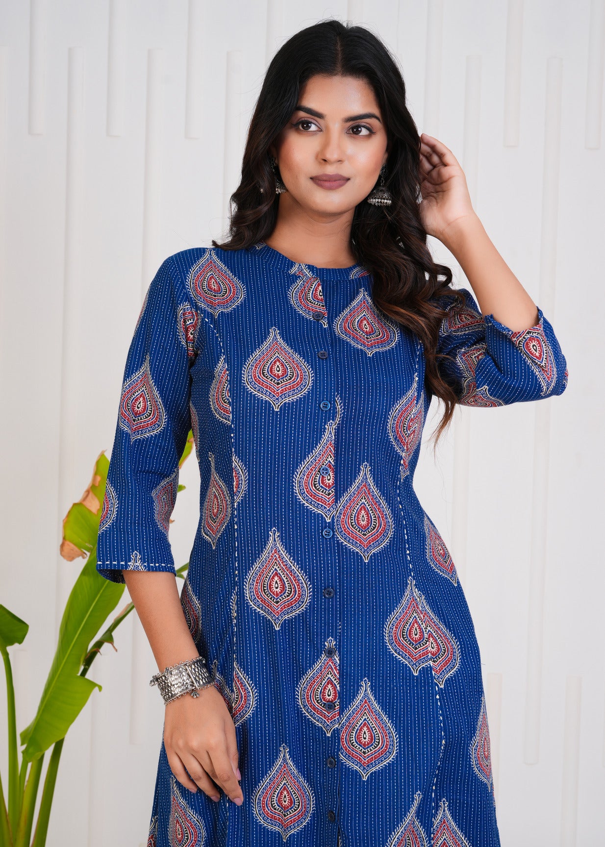 Blue With Floral Print Cotton Kurti