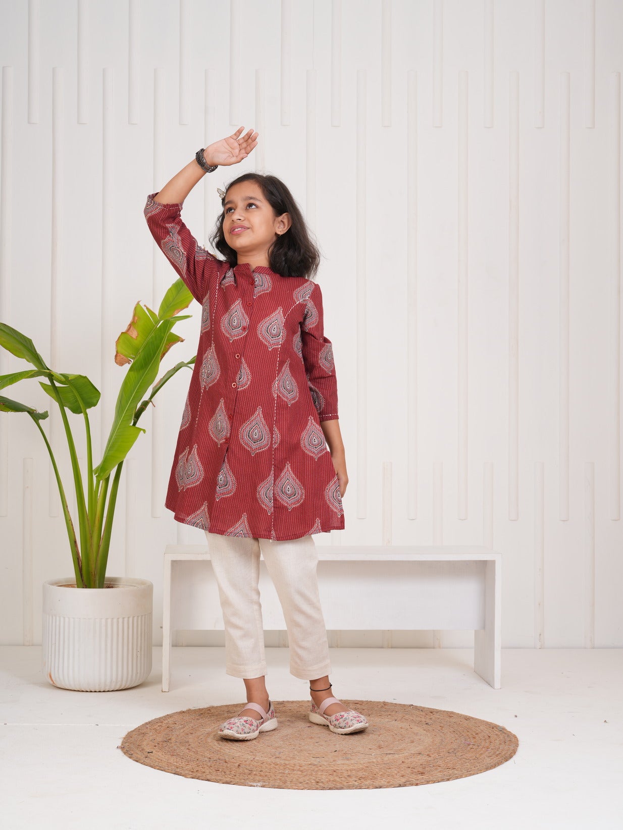 Maroon With Floral Print Cotton Kurti