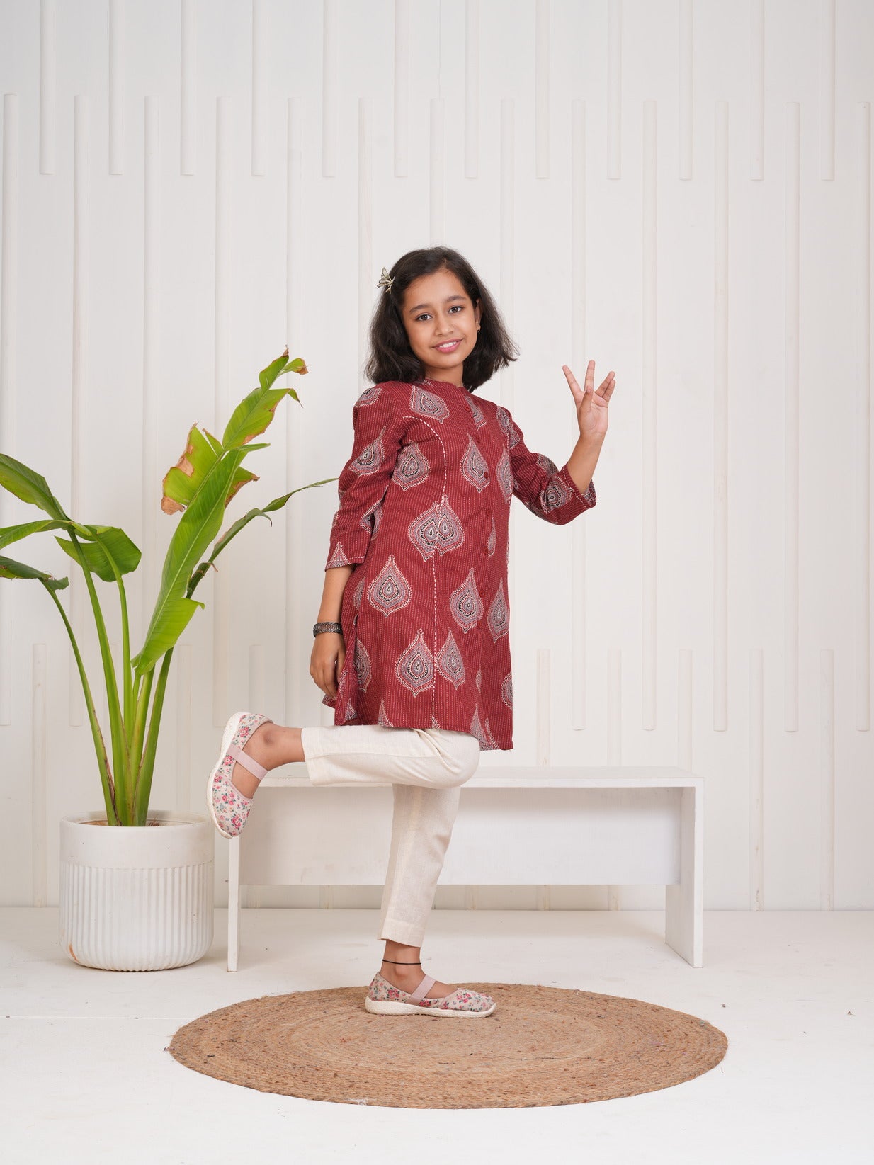 Maroon With Floral Print Cotton Kurti