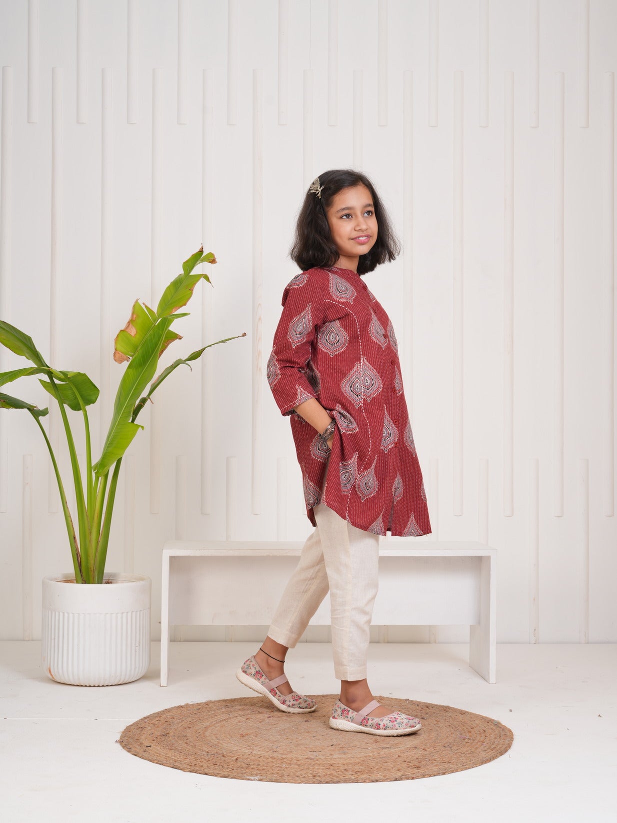 Maroon With Floral Print Cotton Kurti