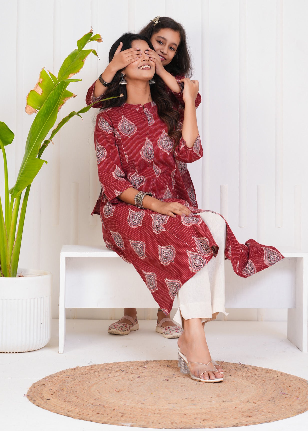 Maroon With Floral Print Cotton Kurti