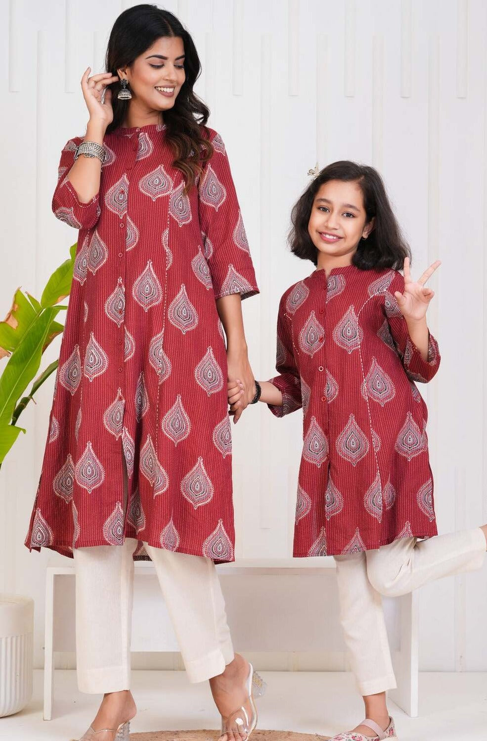 Maroon With Floral Print Cotton Kurti